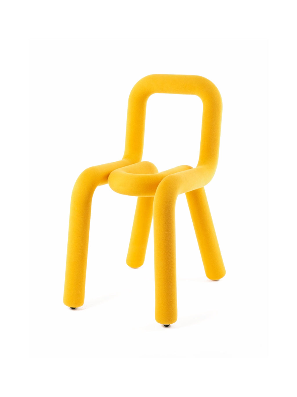 Moustache Bold Chair, a vibrant yellow contemporary accent chair crafted from a continuous tubular structure upholstered in a soft, plush foam textile, forming a playful and sculptural silhouette with rounded edges. This unique, minimalist design features a bold, avant-garde form, making it an ideal statement piece for modern living rooms, creative office spaces, or chic dining areas.