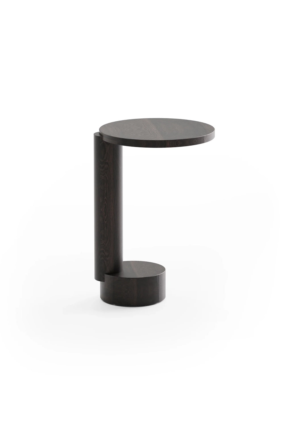 TAMO Bold Side Table in a clean studio shot, showcasing its dark brown wood with visible grain, cylindrical base, and cantilevered round top. This luxury furniture piece is perfect for modern interiors.