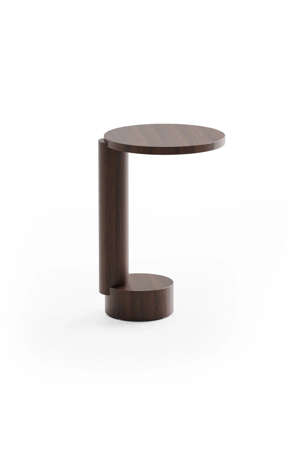TAMO Bold Side Table, a premium dark brown wood veneer C-shaped table with visible grain, on a white background. Perfect for modern living spaces.