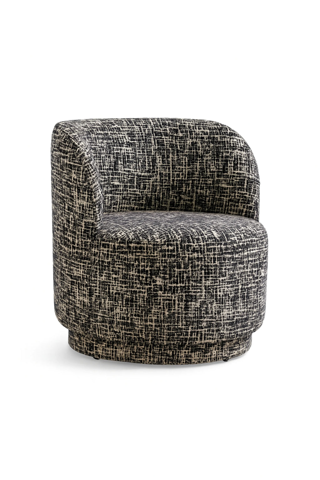 Nordal Bomu Lounge Chair, a contemporary black and off-white barrel-back accent chair featuring a highly textured, speckled fabric upholstery with an abstract, woven pattern and a sleek, armless silhouette.