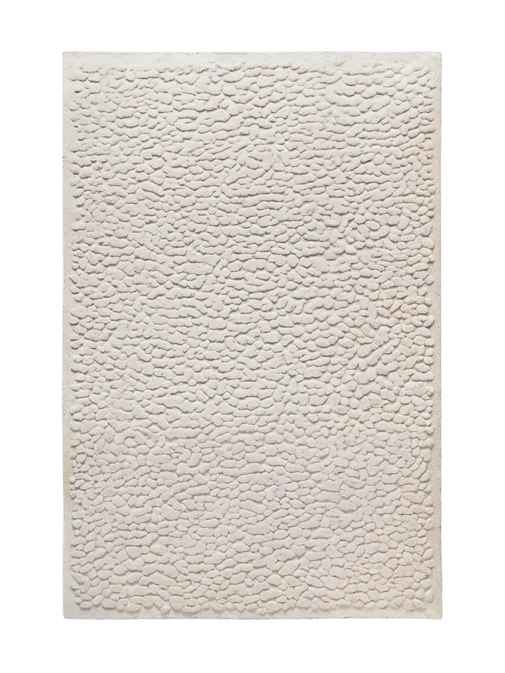 alp_ Borneo Rug, a premium hand-knotted wool area rug in a natural cream and off-white color, featuring a distinctive pebble-like textured surface. This unique organic modern design showcases a deeply textured, three-dimensional weave that brings warmth and tactile interest to any space. Perfect for adding a cozy, natural element to minimalist living rooms, Scandinavian bedrooms, or coastal-inspired interiors.