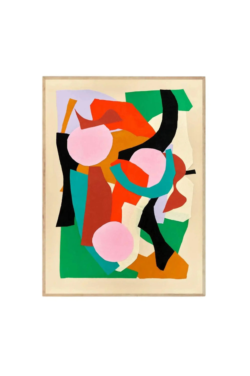 The Poster Club Botanic - Art Print, a contemporary abstract collage poster with vibrant shapes in green, orange, teal, rust, black, light purple, and soft pink circles, all framed in natural wood. This modern wall art print is perfect for adding stylish, colorful decor to any home or office.