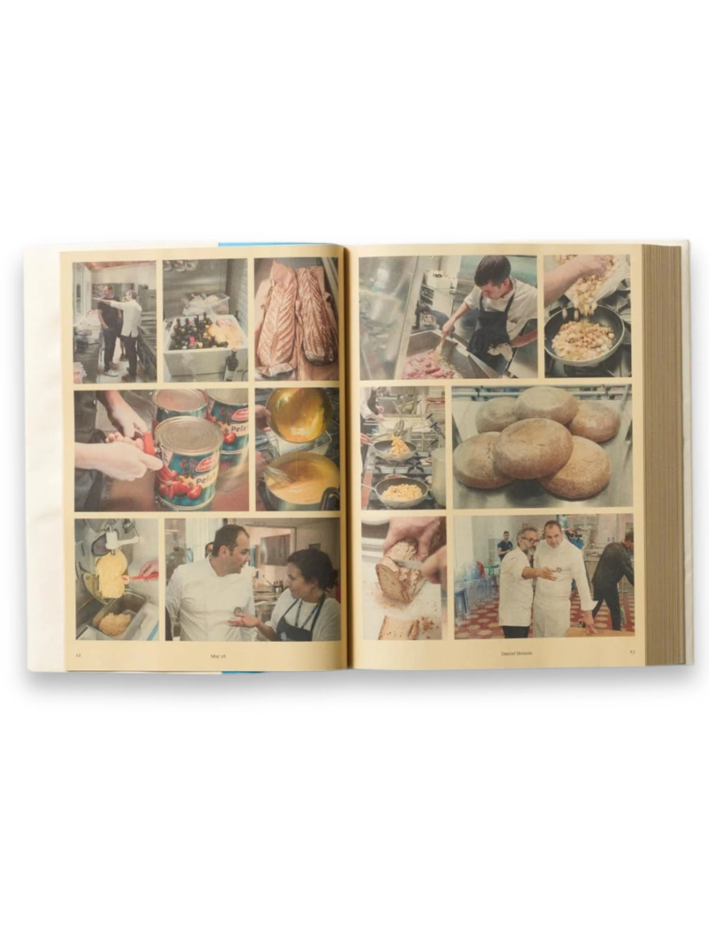 Book Bread is Gold: Extraordinary Meals With Ordinary Ingredients, an open cookbook displaying multiple vibrant photo collages of chefs working, ingredients, and freshly baked bread. This inspiring cookbook is perfect for home cooks and culinary enthusiasts seeking creative, sustainable recipes.