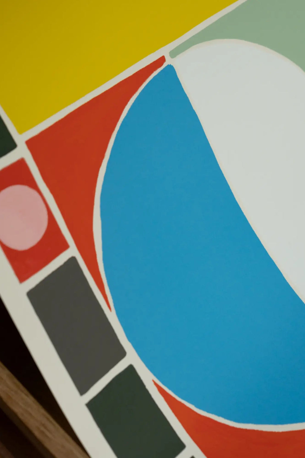 The Poster Club Palette, a vibrant abstract art print featuring a bold composition of geometric shapes in a playful palette of bright yellow, red, sky blue, sage green, light pink, dark grey, and dark green, separated by clean white lines. This modern geometric wall art is perfect for adding a pop of color to contemporary living rooms, creative home offices, or a stylish gallery wall.