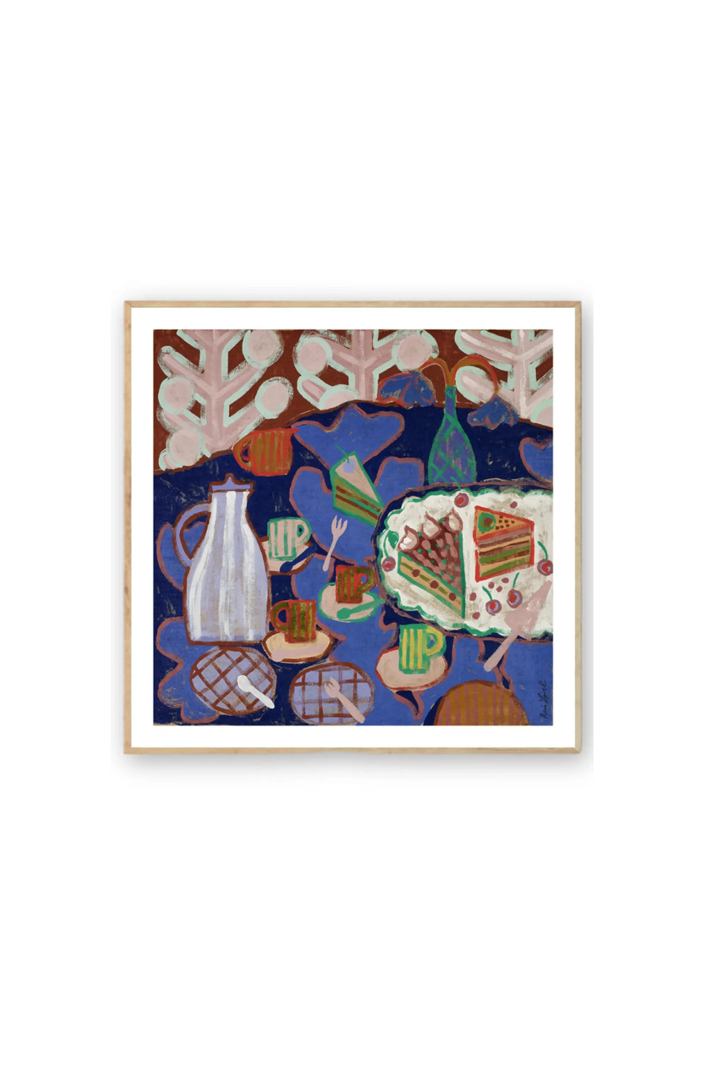 The Poster Club Cake - Art Print, a vibrant contemporary still life painting depicting a dessert spread with layered cake, cherries, a white pitcher, and colorful cups on a dark blue patterned tablecloth, all framed in natural wood. This high-quality art print is perfect for adding a touch of playful elegance to a kitchen, dining room, or living space for art lovers.