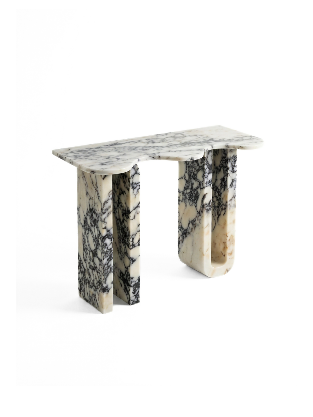 TCL Studios Pylon Marble Console, a striking organic modern console table crafted from polished white and black Italian marble with dramatic natural veining.