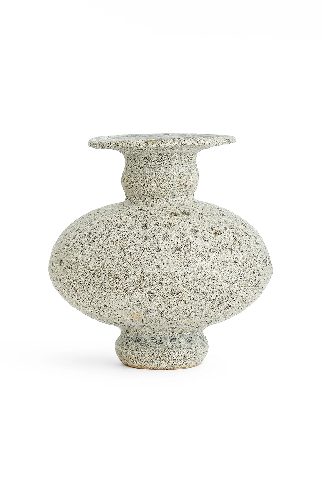 Canoa Lab Cálpide Vase, elegant handcrafted ceramic vase with a textured matte white and speckled gray-brown finish, featuring a wide, rounded body and a fluted, narrow neck. This unique, artistic piece adds modern decor to any stylish home or office.