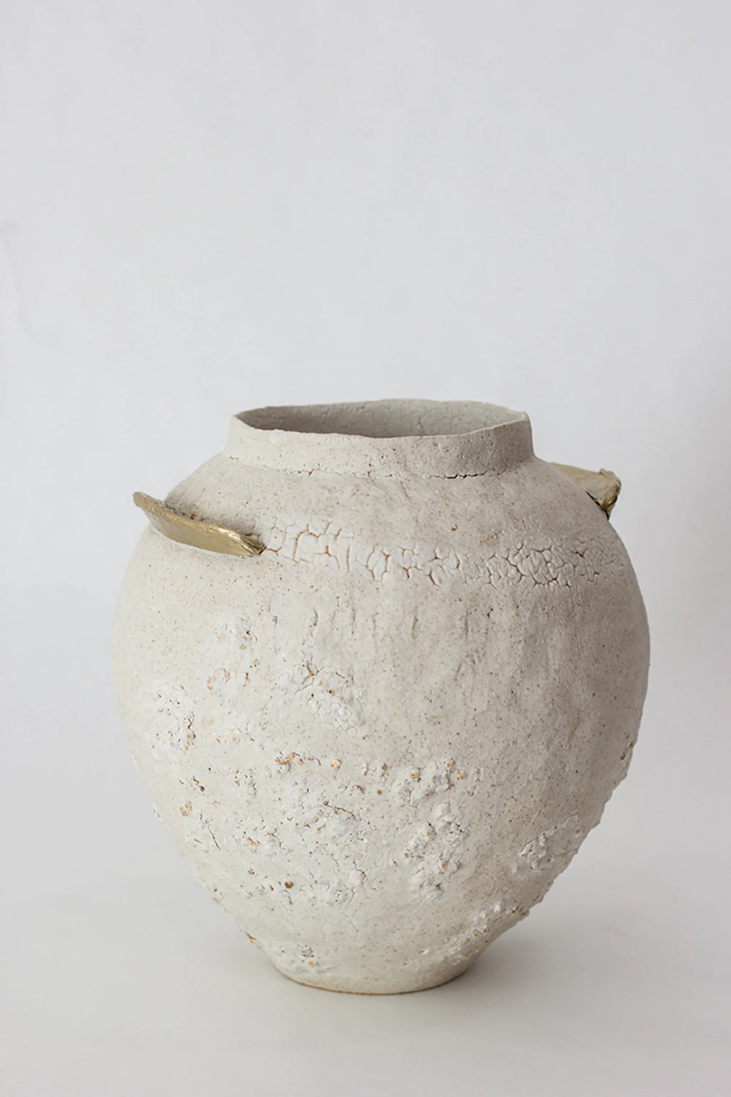 Canoa Lab Isolated n.10 Vase, a unique, round, off-white ceramic vase with a textured, crackled surface and two distinctive golden, leaf-like accents, displayed on a clean white background.