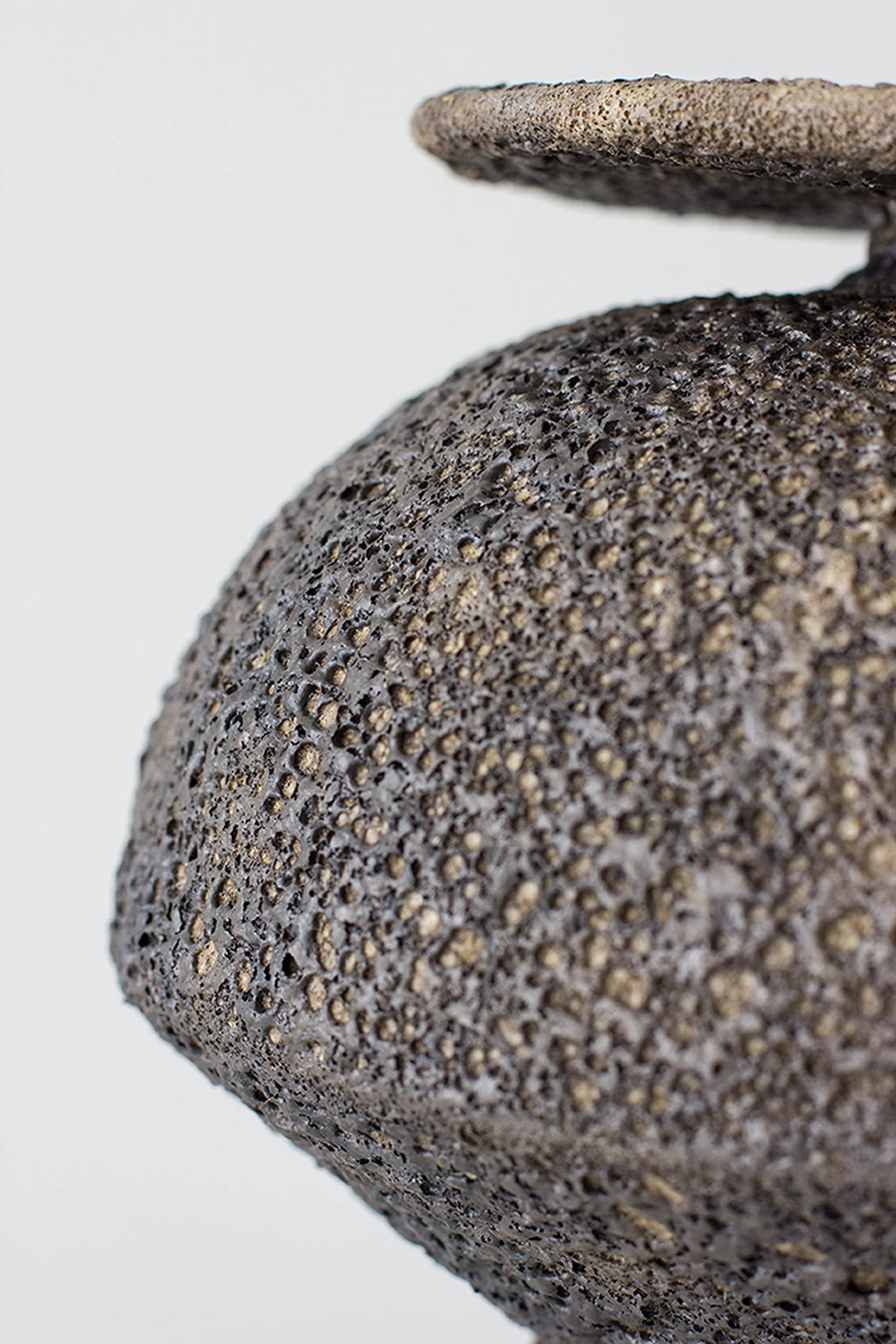 Canoa Lab Isolated n.18 Vase, a handcrafted ceramic vase featuring a deeply textured, porous volcanic finish in dark charcoal grey with subtle metallic gold flecks. Its organic, rounded form and rough, pitted surface create a brutalist-inspired aesthetic. Perfect for wabi-sabi shelf styling or adding an earthy, contemporary accent to minimalist living rooms.