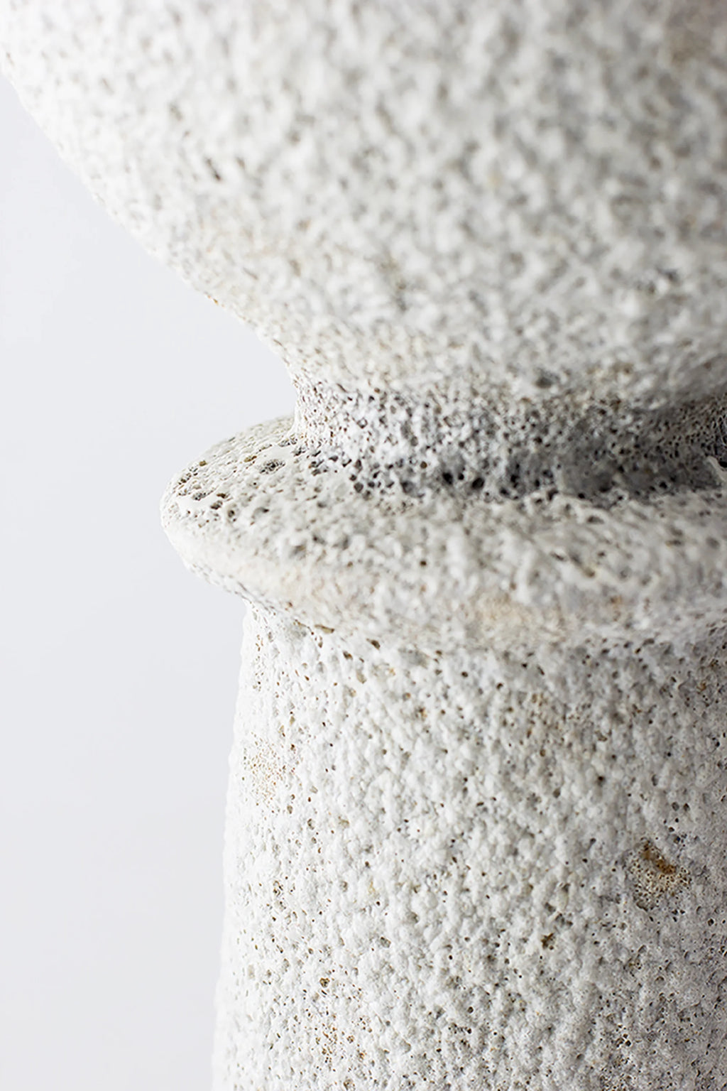 Canoa Lab Isolated n.20 Vase, a close-up of the elegant ceramic vase's middle section, highlighting its intricate, highly textured, porous off-white surface with subtle dark specks, on a white background.