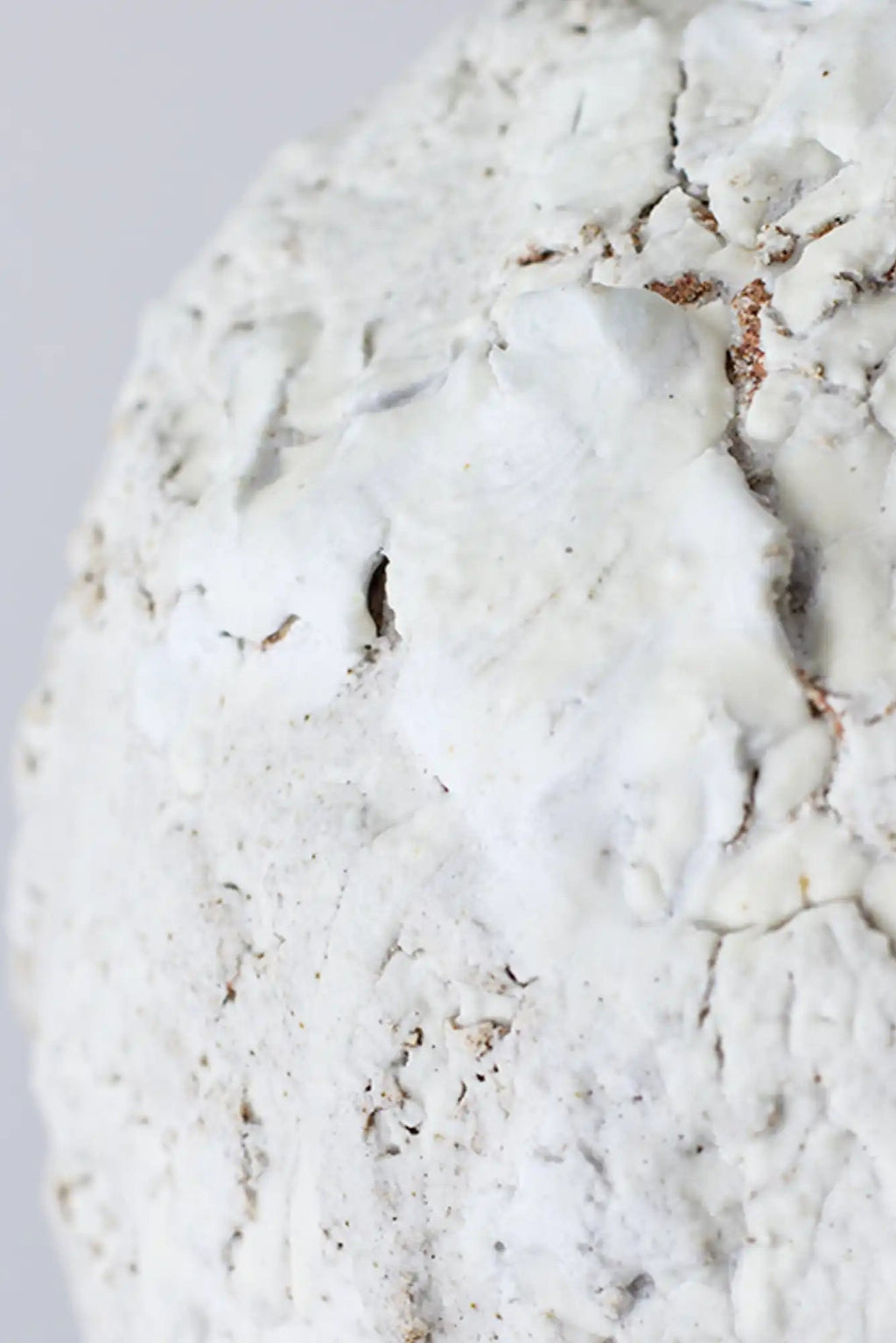 Canoa Lab Isolated n.21 Vase, a handcrafted ceramic vase featuring an intensely textured, organic off-white surface with a porous, volcanic-like finish. Subtle reddish-brown and terracotta undertones peek through the sculptural, crusty white stoneware, creating a unique wabi-sabi aesthetic. Perfect as a striking decorative object for organic modern interiors, minimalist shelf styling, or rustic living room accents.