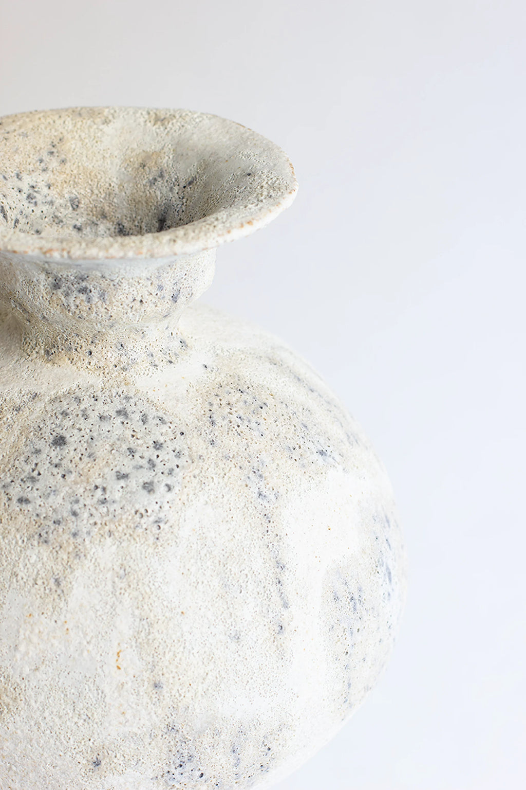 Canoa Lab Lekytho Cárabo Vase, a detailed side view of the elegant, bulbous ceramic vase, showcasing its textured off-white surface with scattered dark speckles and the gracefully curved silhouette, on a white background.