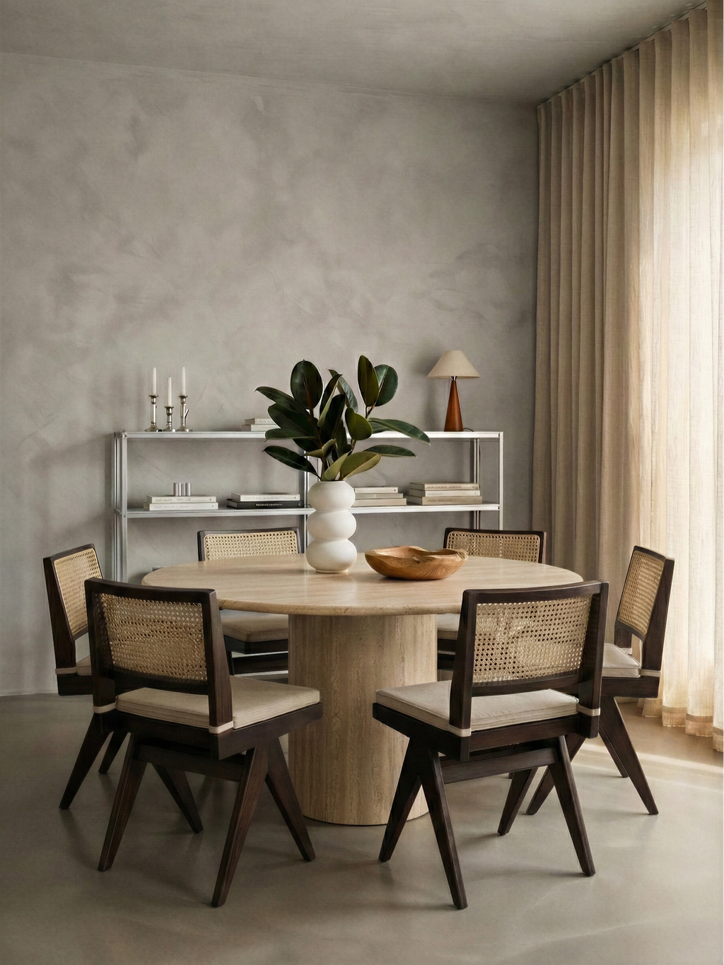 TCL Studios Capitol Cane Dining Chair, a sophisticated mid-century modern dining chair featuring a rich dark solid wood frame with a natural hand-woven cane rattan backrest and a plush cream upholstered seat. Its distinctive angular legs and clean lines add a contemporary touch, making it ideal for elegant dining rooms or organic modern interior designs.