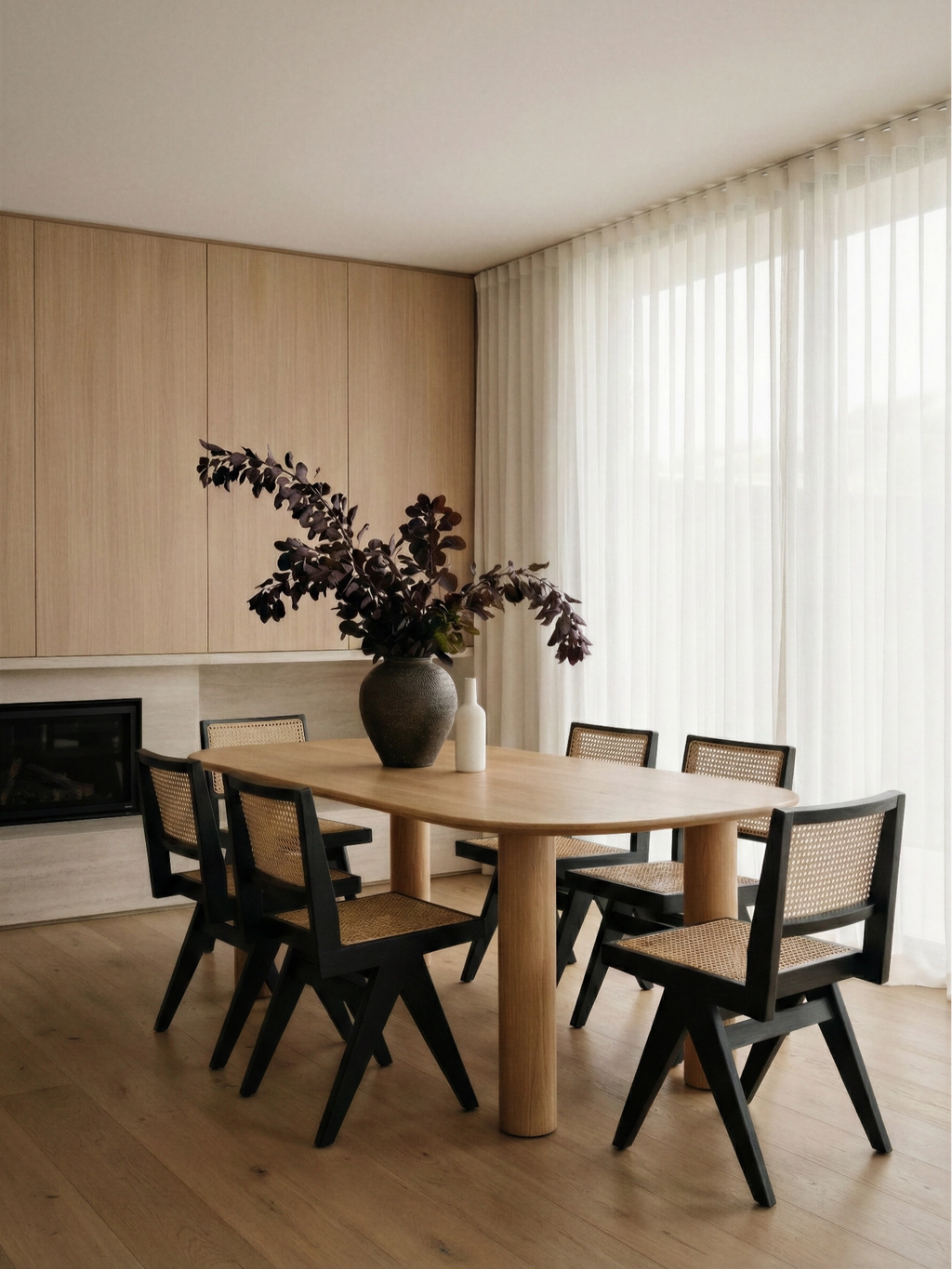 TCL Studios Capitol Cane Dining Chair, a striking mid-century modern dining chair featuring a matte black solid wood frame with a geometric silhouette and distinctive angled legs. It boasts a natural hand-woven cane rattan seat and backrest, offering a blend of contemporary and classic design. Perfect as a stylish black dining chair for modern dining rooms or minimalist kitchen spaces.