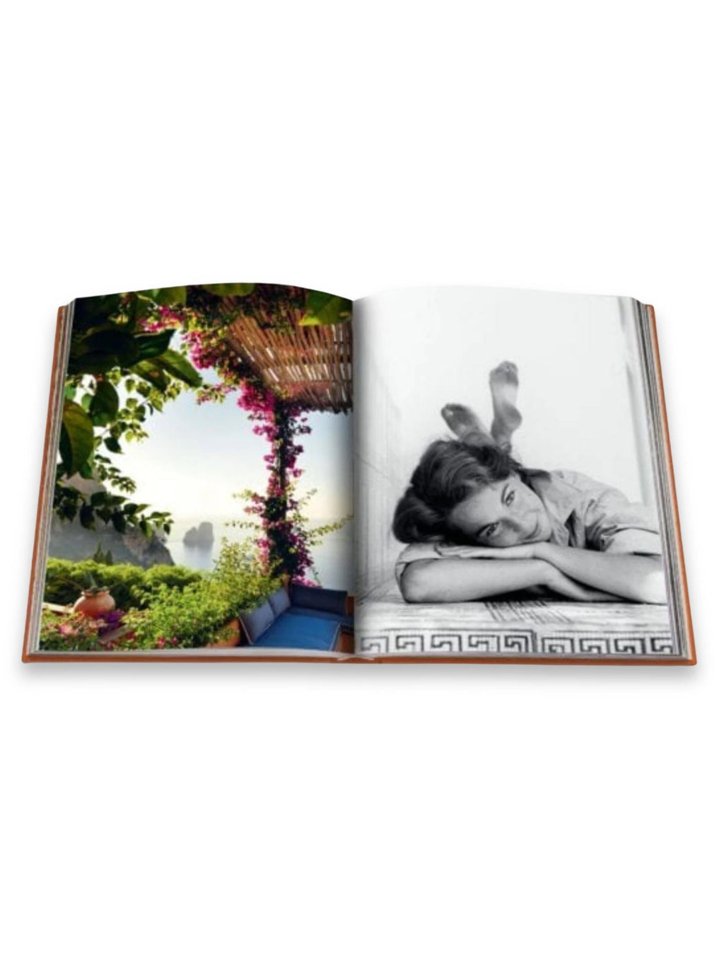 Book Capri Dolce Vita, an open luxury hardcover book showcasing vibrant bougainvillea and a scenic Italian coastline on the left page, and a classic black-and-white photograph of a woman relaxing on the right. This coffee table book is perfect for travel enthusiasts and those who appreciate iconic photography and Italian culture.