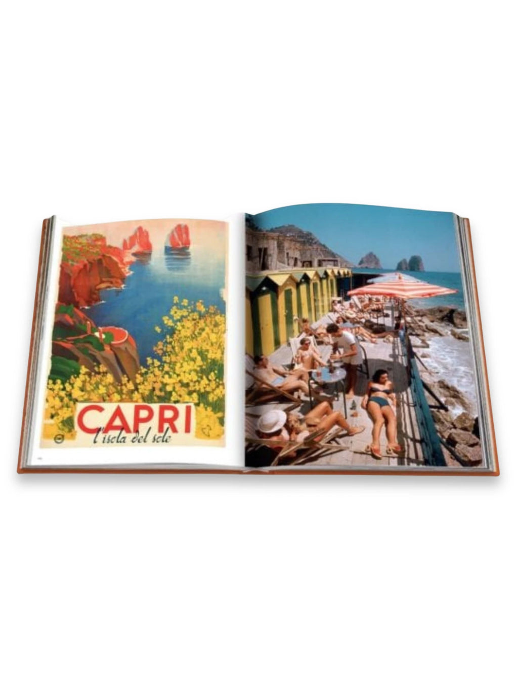 Book Capri Dolce Vita, an open hardcover book displaying vibrant vintage travel photography and artwork. This beautiful coffee table book is perfect for travel enthusiasts and collectors of stunning visual narratives.