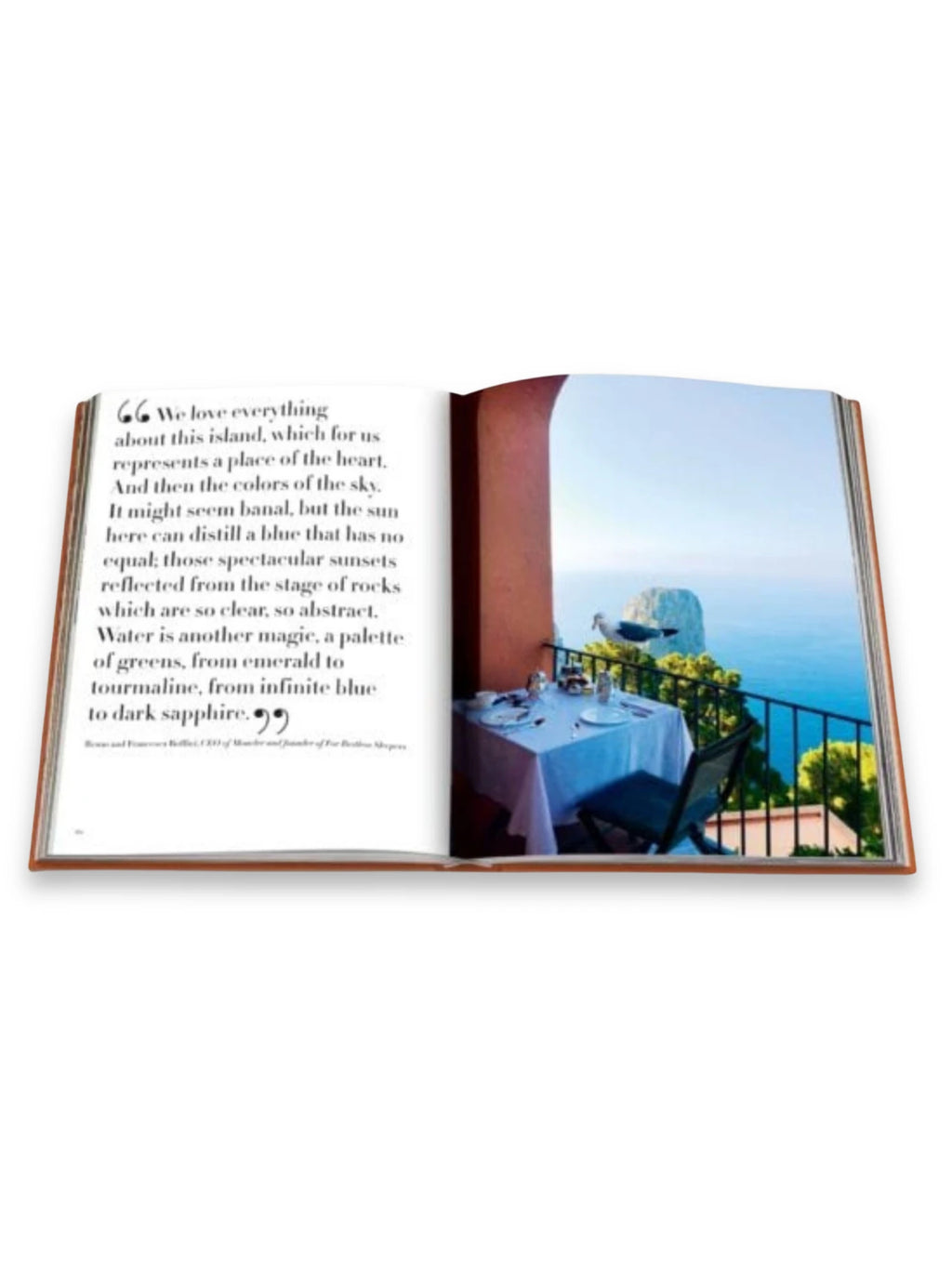 Book Capri Dolce Vita, an open hardcover book displaying a captivating image of a scenic Capri balcony overlooking the turquoise Mediterranean Sea, with a seagull perched on the railing. This luxury coffee table book is perfect for travel enthusiasts and lovers of Italian culture seeking inspiration.