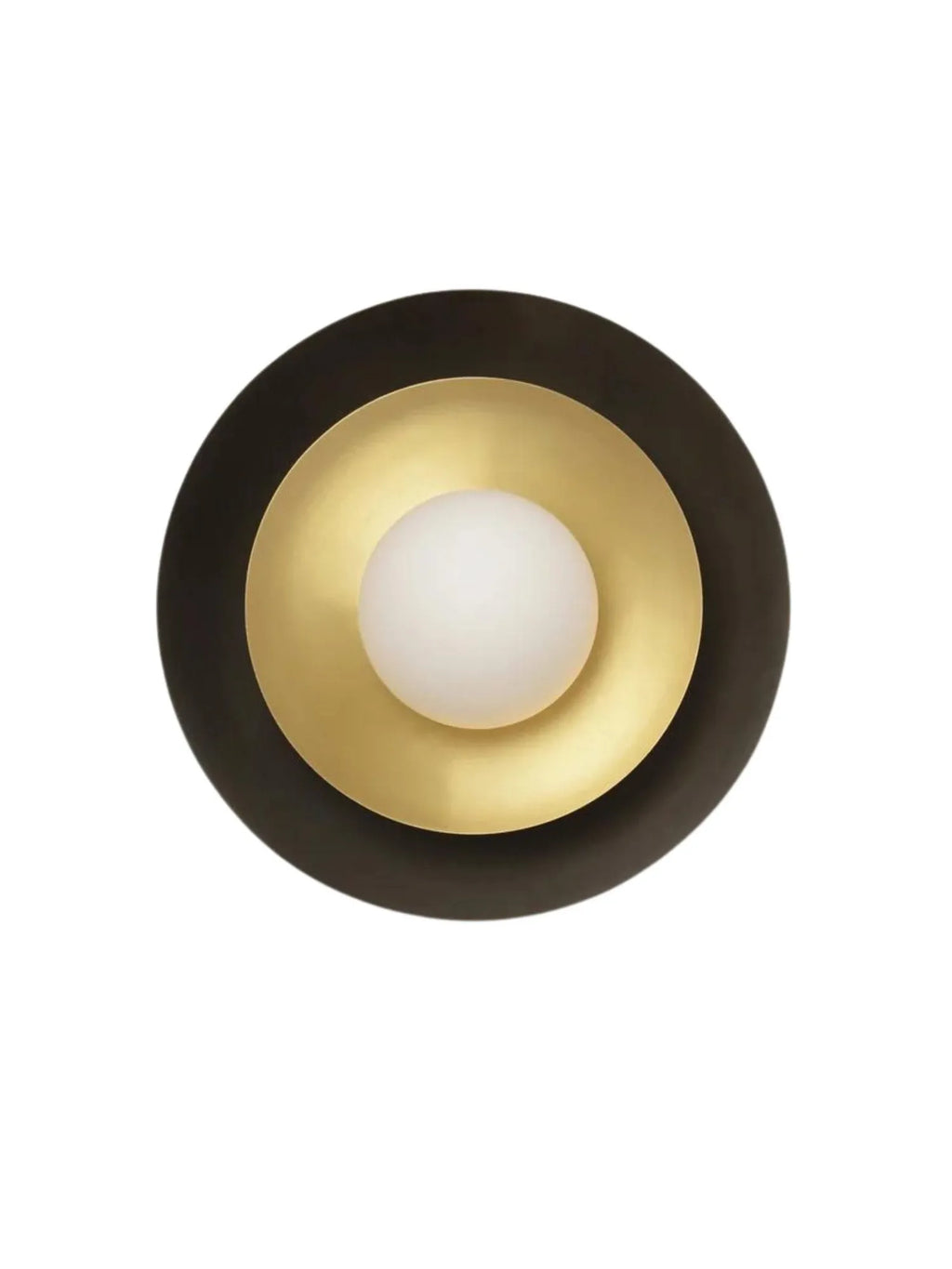 CTO Lighting Carapace Ceiling Lamp, a modern minimalist flush mount light featuring a bold design of concentric circles with a matte dark bronze outer ring and a radiant brushed brass inner disc. Centered with a luminous white opaline glass sphere, this contemporary lighting fixture provides soft, diffused illumination. Ideal for sophisticated living rooms, elegant hallways, or contemporary bedrooms seeking a statement ceiling light.