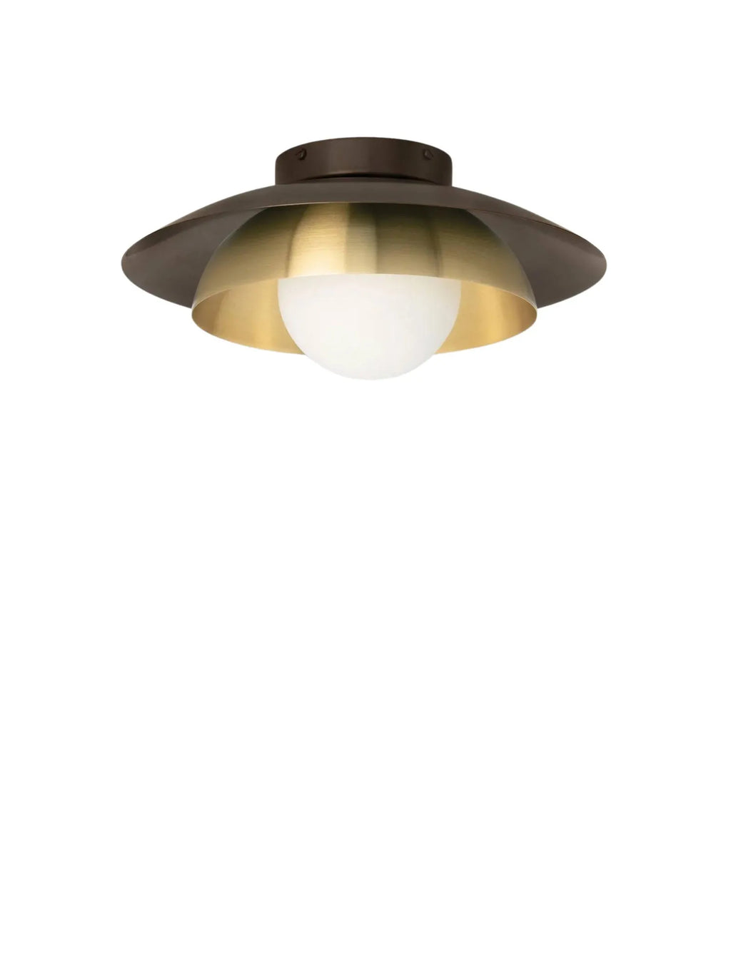 CTO Lighting Carapace Ceiling Lamp, a modern layered flush mount light crafted with a dark bronze metal outer shade and a brushed brass inner reflector, showcasing a spherical white opal glass globe.