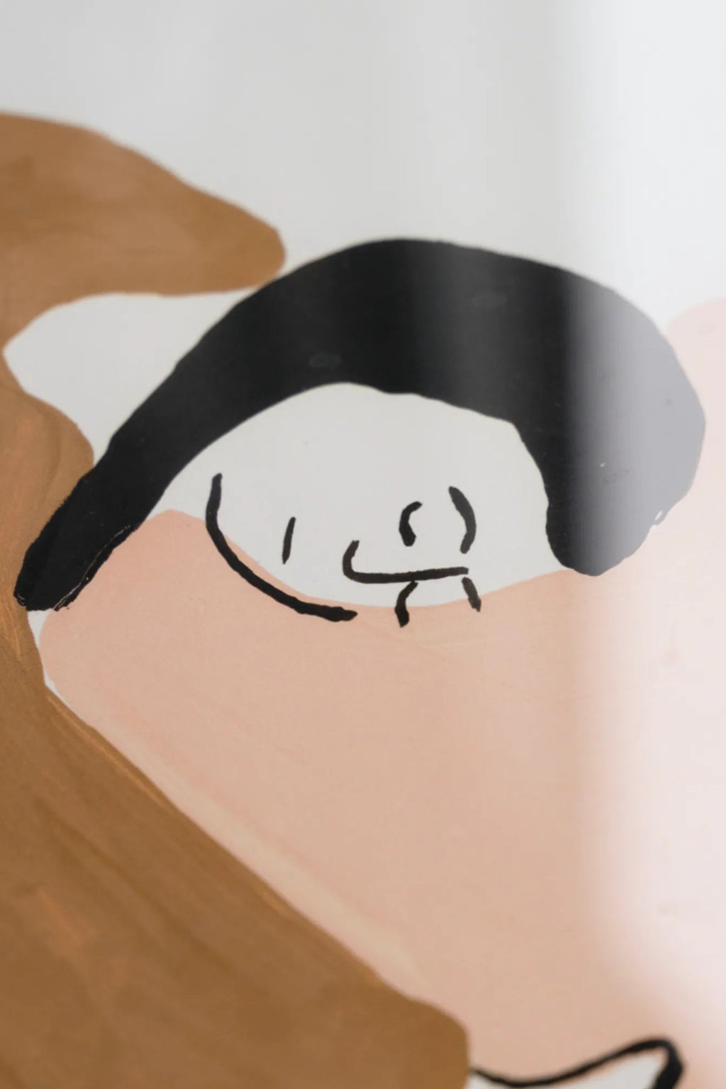 The Poster Club Stay Close, a modern abstract art print featuring a minimalist graphic illustration of a face with expressive black line-drawn features, surrounded by organic shapes in soft blush pink, warm caramel brown, and.