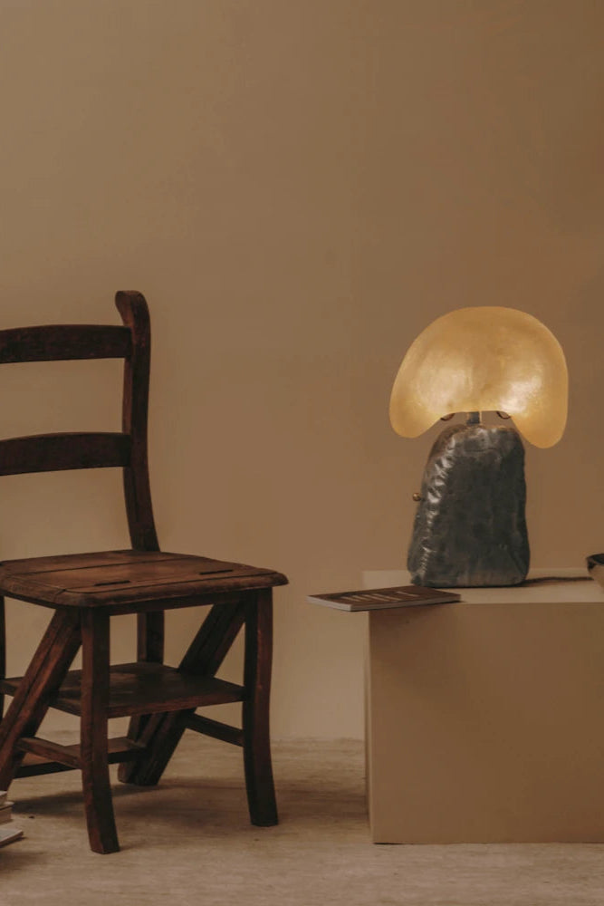 Sleek and stylish “Cashew” Lamp, perfect for contemporary home or office decor, made of durable metal and frosted glass