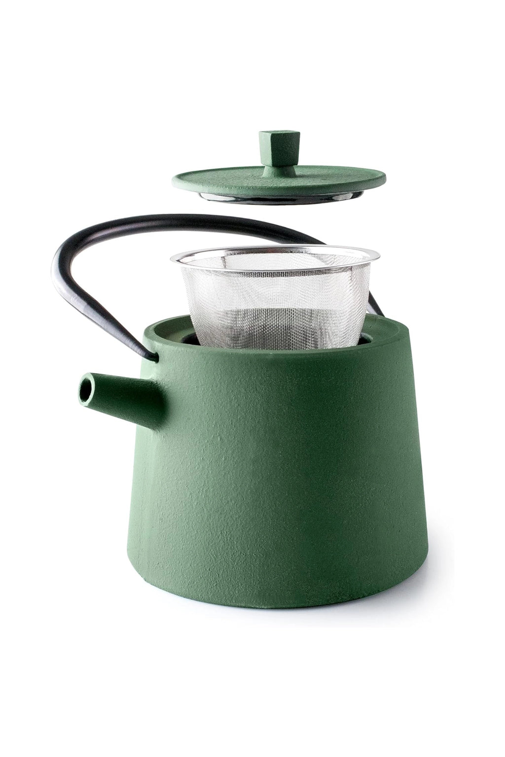 Ibili Cast Iron Teapot, a deep forest green cast iron teapot with a unique textured matte finish and a minimalist tapered cylindrical body. It features a contrasting matte black metal handle, a matching green lid with a square knob, and a removable stainless steel infuser for loose leaf tea. Perfect for modern minimalist kitchens or as an industrial chic tea brewing pot.