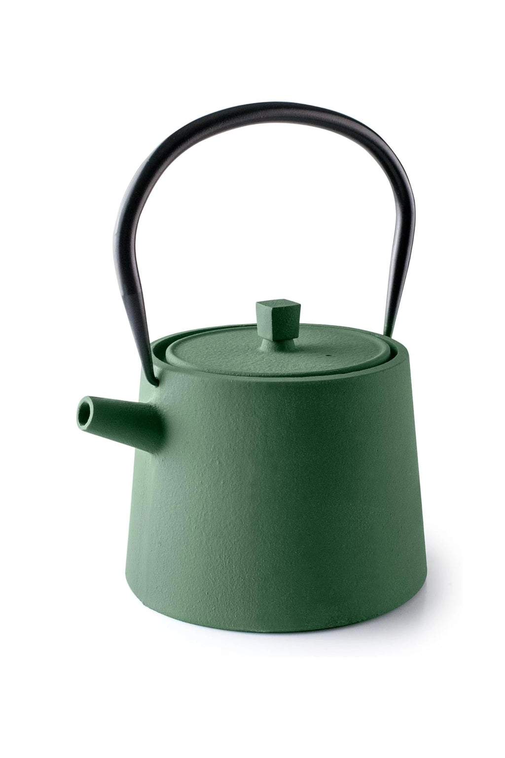 Ibili Cast Iron Teapot, a dark green cast iron tea kettle with a distinctive textured matte finish, featuring a minimalist tapered body and a flat lid with a unique square knob. It boasts a short, sturdy spout and a sleek matte black arched handle, perfect for brewing and serving tea in modern kitchens, japandi dining rooms, or rustic home settings.
