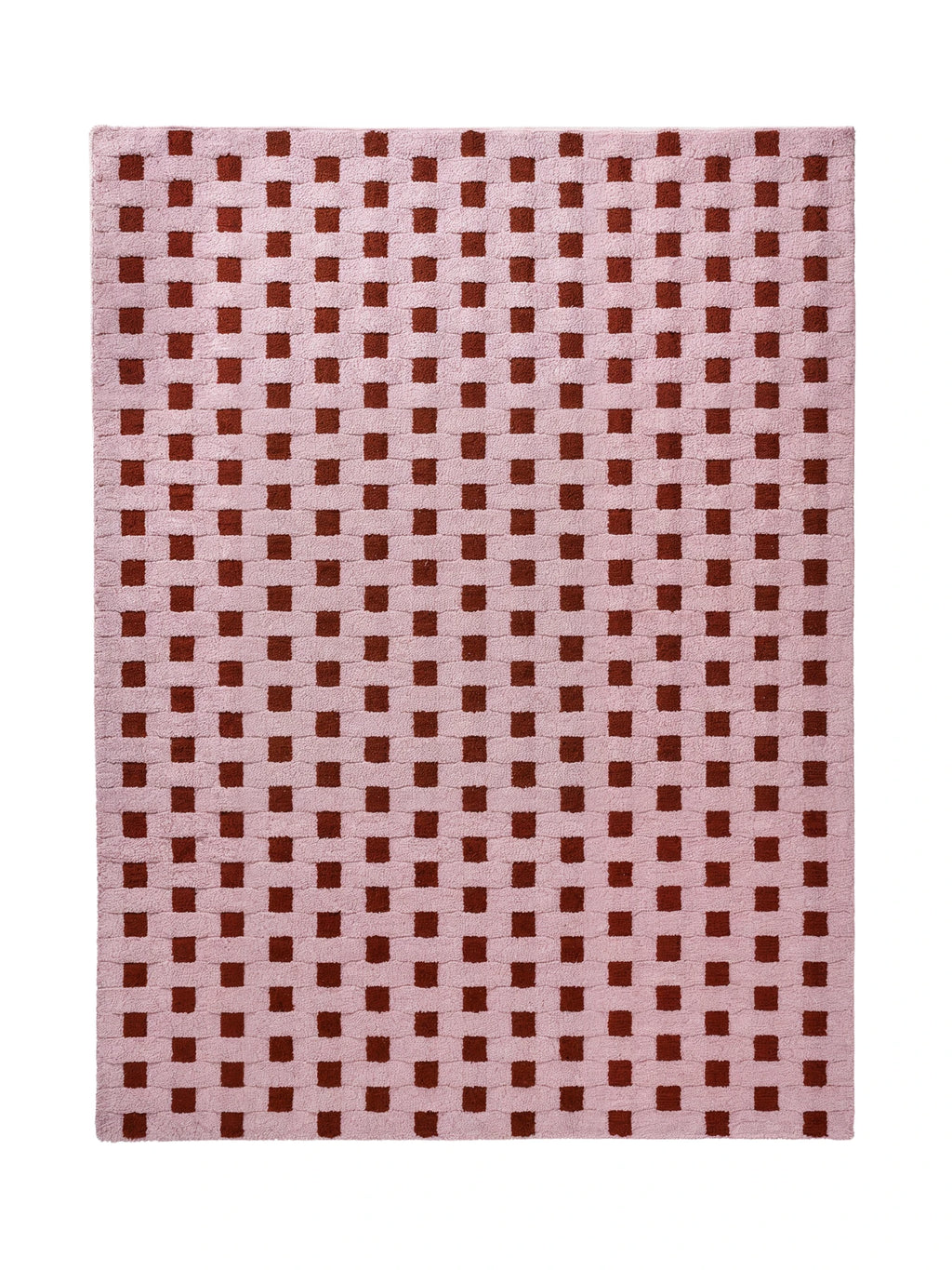 alp_ Cesta Rug, a modern geometric area rug featuring a playful checkerboard pattern in contrasting blush pink and dark terracotta brown tones. This richly textured rug has a raised, plush pile, creating a distinctive basket-weave effect. Perfect for adding a contemporary accent to living rooms, bedrooms, or kids' spaces with a vibrant, artistic touch.