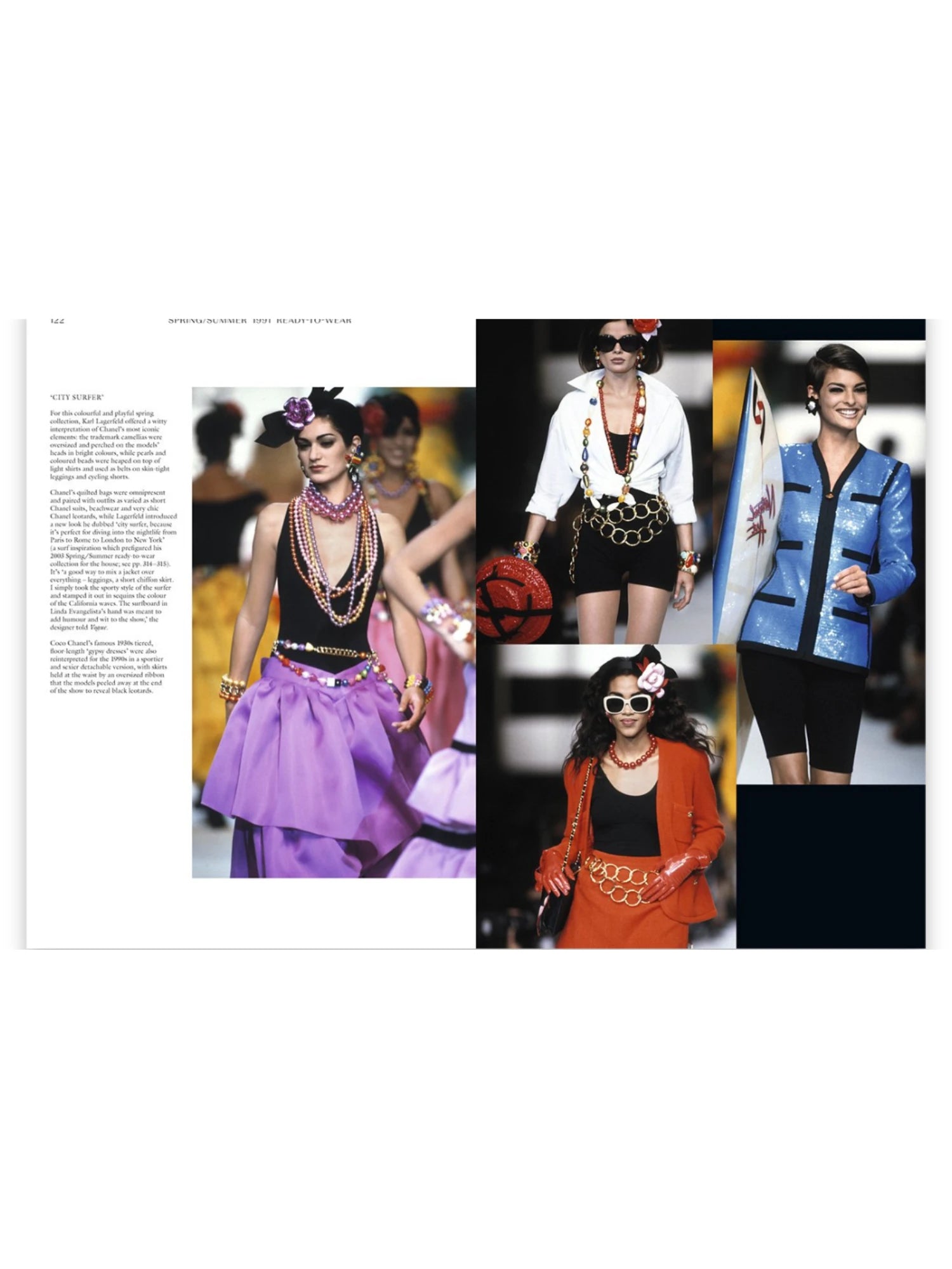 Book Chanel Catwalk, showcasing vibrant Spring/Summer 1991 Ready-to-Wear collection pages with models in colorful, layered Chanel fashion, including a purple tiered skirt, sequined blue jacket, and red ensemble. This premium fashion book is an essential reference for fashion historians, designers, and Chanel enthusiasts.