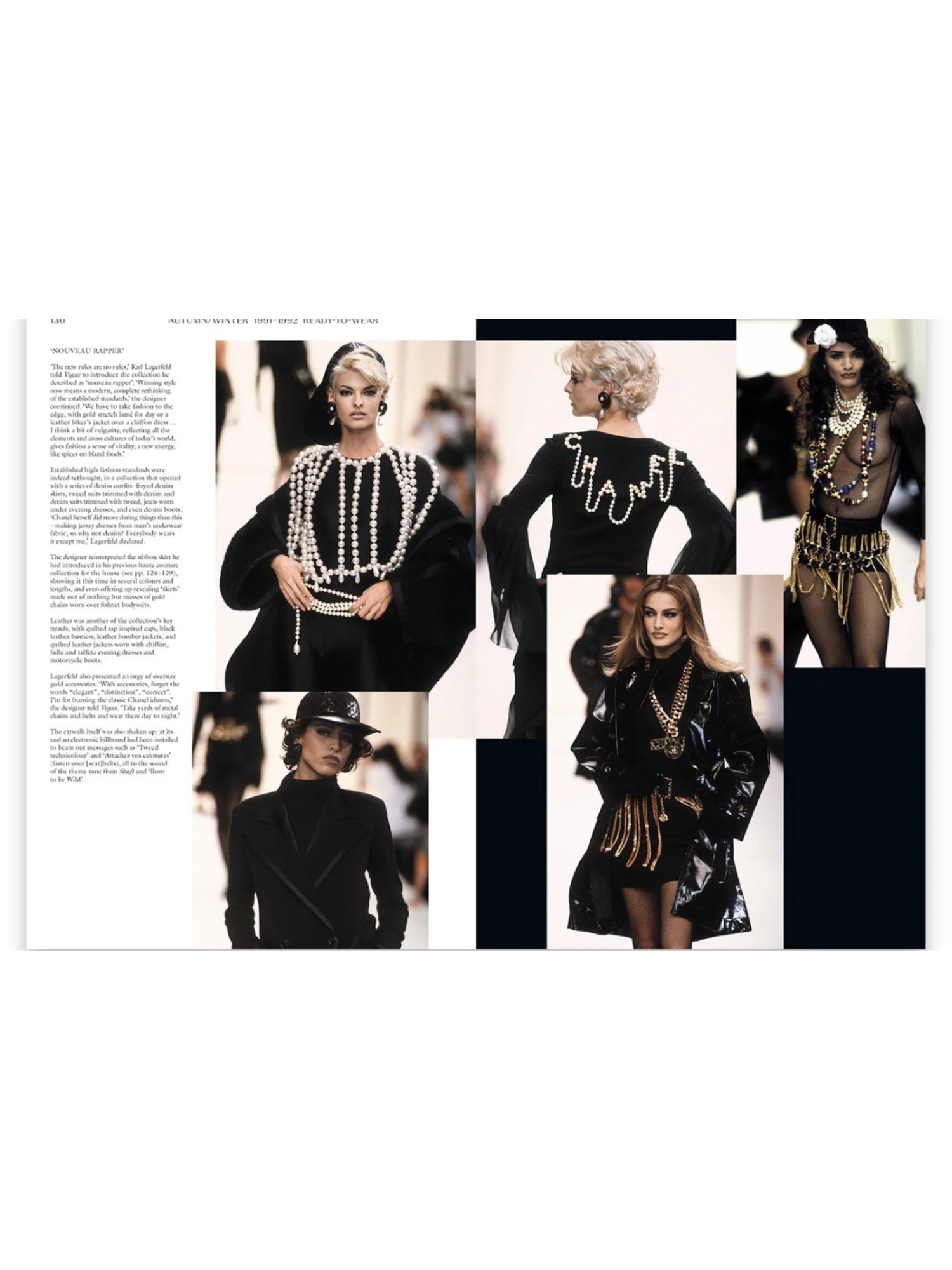 Book Chanel Catwalk, an engaging fashion history book featuring a collage of runway photos from the Autumn/Winter 1991-1992 collection, showcasing models in black garments adorned with statement pearl and gold chain accessories. This stylish hardcover book is perfect for fashion enthusiasts, students, and collectors interested in iconic Chanel designs and runway trends.