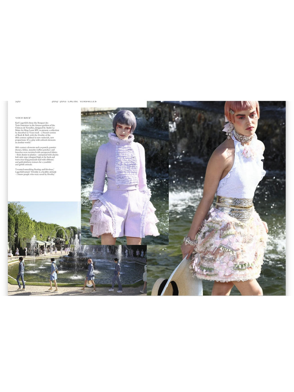 Book Chanel Catwalk, showcasing an open page spread with two models in elaborate pastel Chanel outfits by a water fountain, along with text describing the 2012-2013 Cruise Versailles collection. This luxurious fashion book is perfect for fashion history enthusiasts and collectors of high-end style publications.