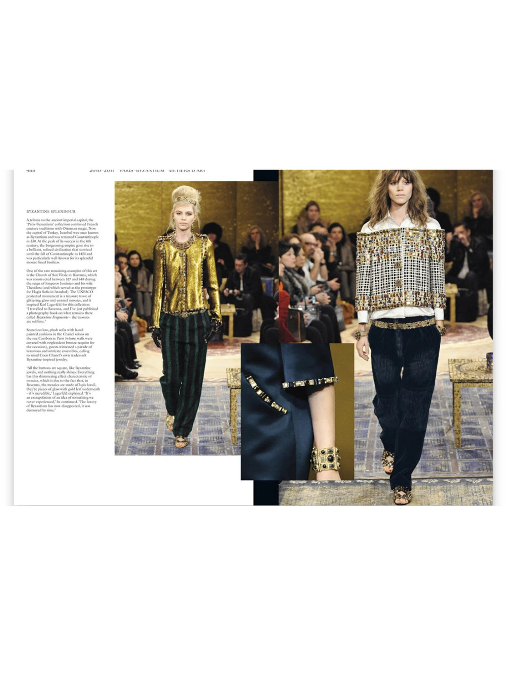 Book Chanel Catwalk, a high-quality photography book displaying two elegant Chanel runway models in richly embellished Byzantine-inspired couture. This luxury fashion book is ideal for fashion enthusiasts, designers, and collectors seeking inspiration and historical context.