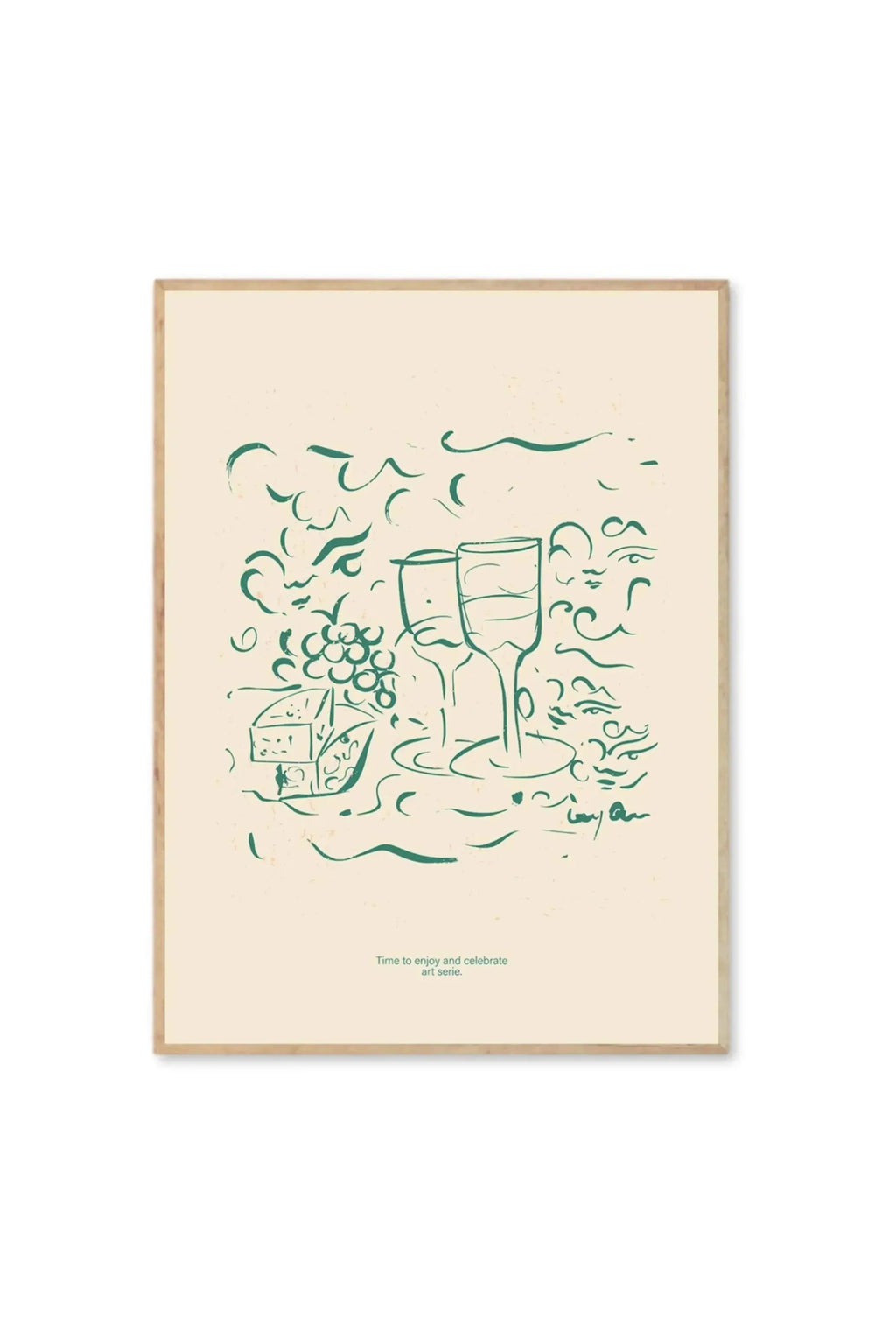 The Poster Club Cheese and Wine - Art Print, a minimalist, framed graphic poster featuring green line art on a cream background depicting grapes, cheese, and two wine glasses. This stylish wall art is perfect for enhancing modern kitchen or dining room decor for food and wine enthusiasts.