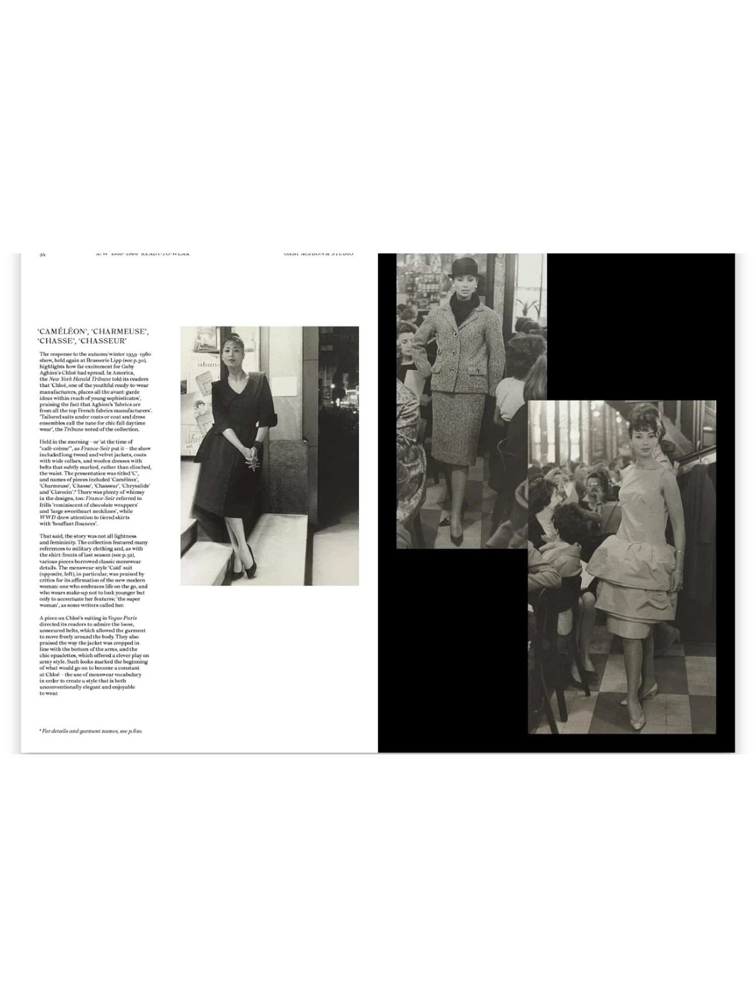 Book Chloé Catwalk, open pages featuring black and white vintage fashion photographs and detailed text descriptions. This elegant fashion history book is perfect for style enthusiasts and design students.