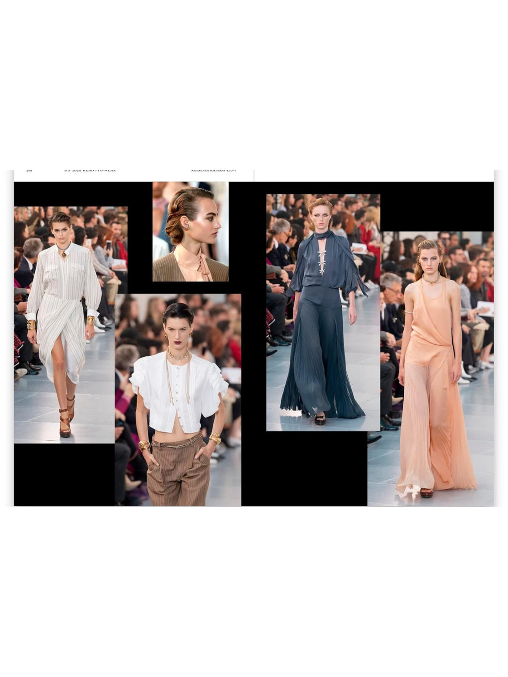 Book Chloé Catwalk, an open fashion book displaying elegant runway models in flowing garments, including a white pinstripe dress, a dark teal pleated ensemble, and a sheer peach outfit. This stylish fashion reference book is perfect for fashion enthusiasts, designers, and students of haute couture history.