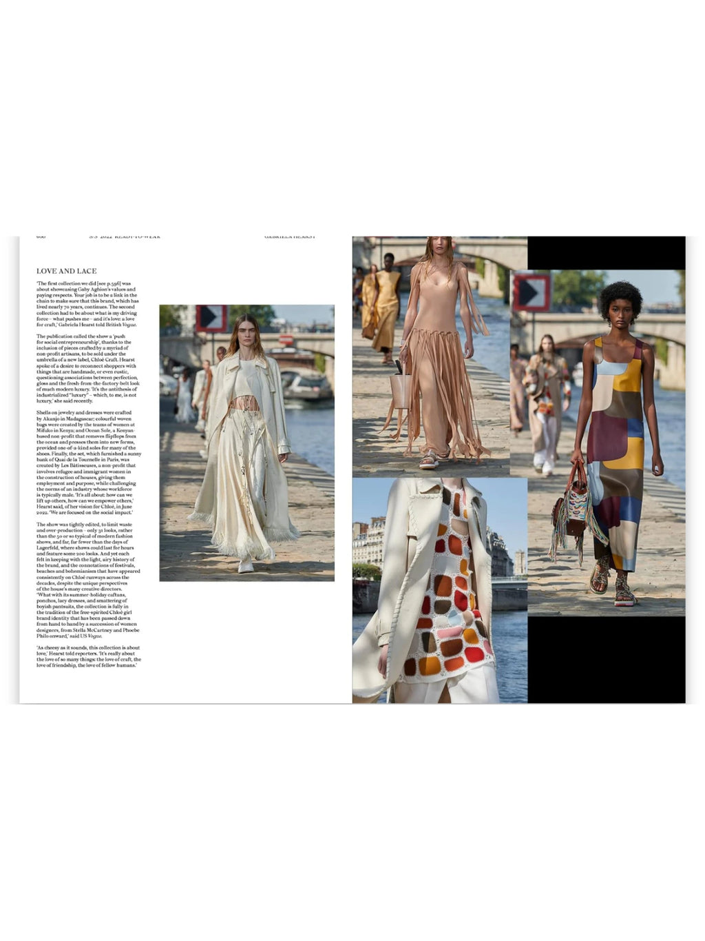 Book Chloé Catwalk, open luxury fashion book with glossy pages showcasing Chloé runway looks, including a long cream dress with an open front and fringe detailing, a beige fringed dress, and a long patchwork dress in earthy tones. This premium book is perfect for fashion enthusiasts and collectors interested in the iconic Chloé brand's history and designs.