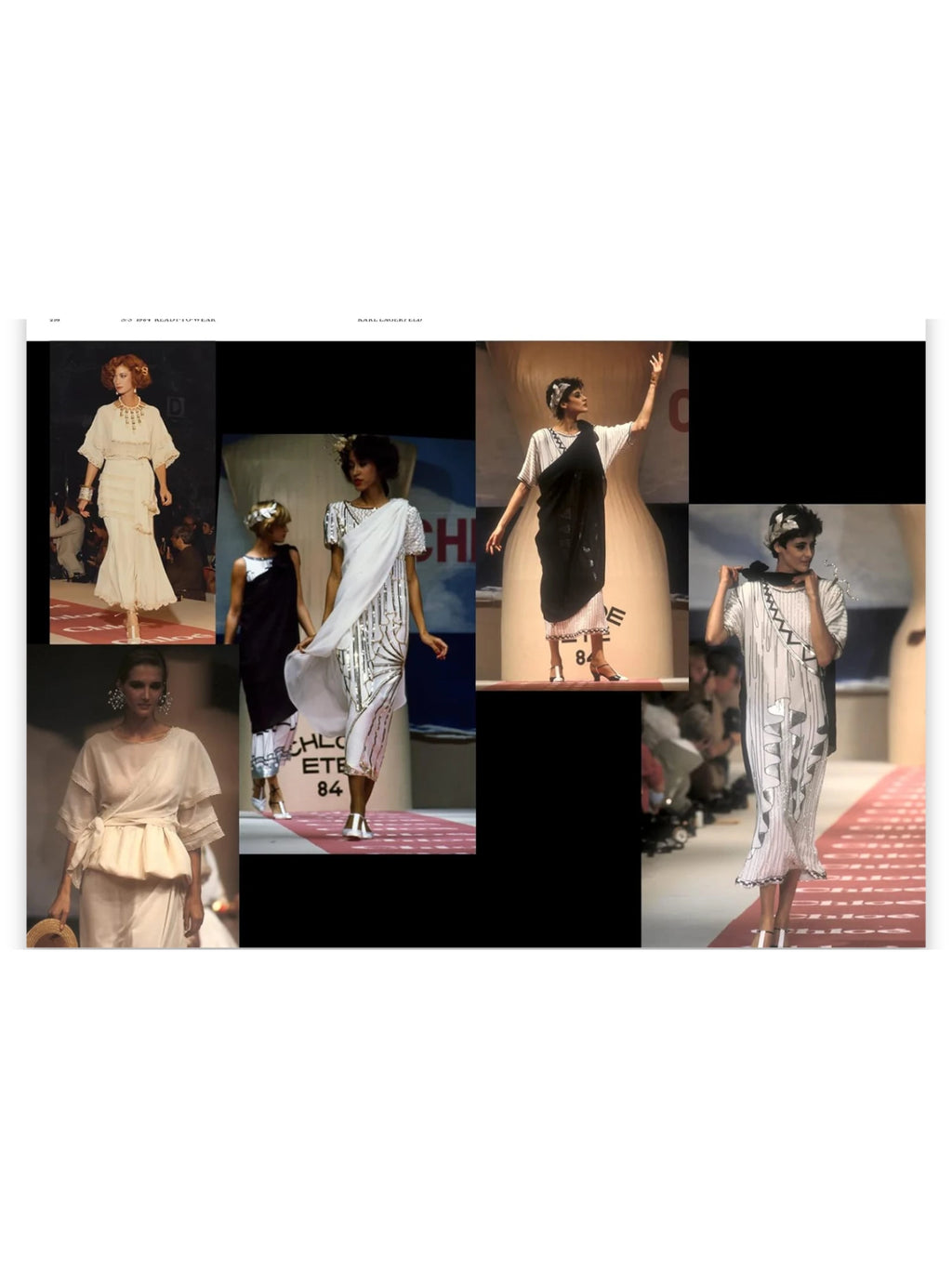 Book Chloé Catwalk, an elegant fashion history book showcasing vintage Chloé runway looks, including white and black dresses with intricate patterns and flowing fabrics. This premium fashion book is perfect for designers, fashion students, and enthusiasts interested in iconic fashion archives and style inspiration.