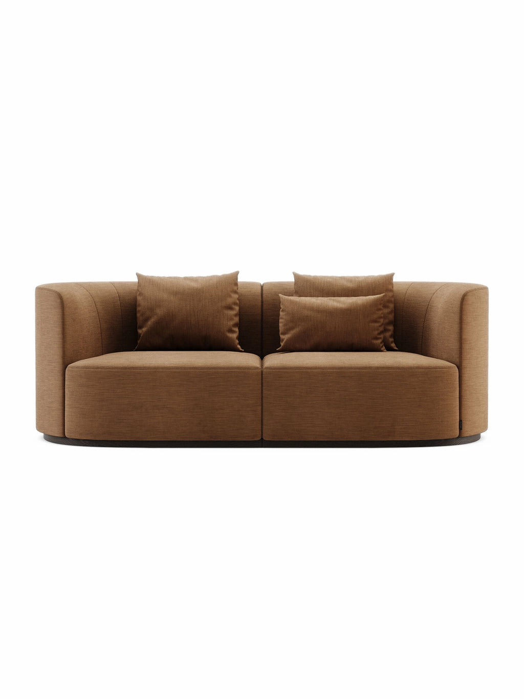 Domkapa Chloe 2-Seater Sofa, a modern minimalist sofa upholstered in a warm, textured cognac brown fabric with a subtle vertical weave, featuring gently curved arms, a low profile, and a sleek dark wooden base. This contemporary two-seater provides plush seating with matching accent pillows, perfect for stylish living rooms and organic modern interiors.
