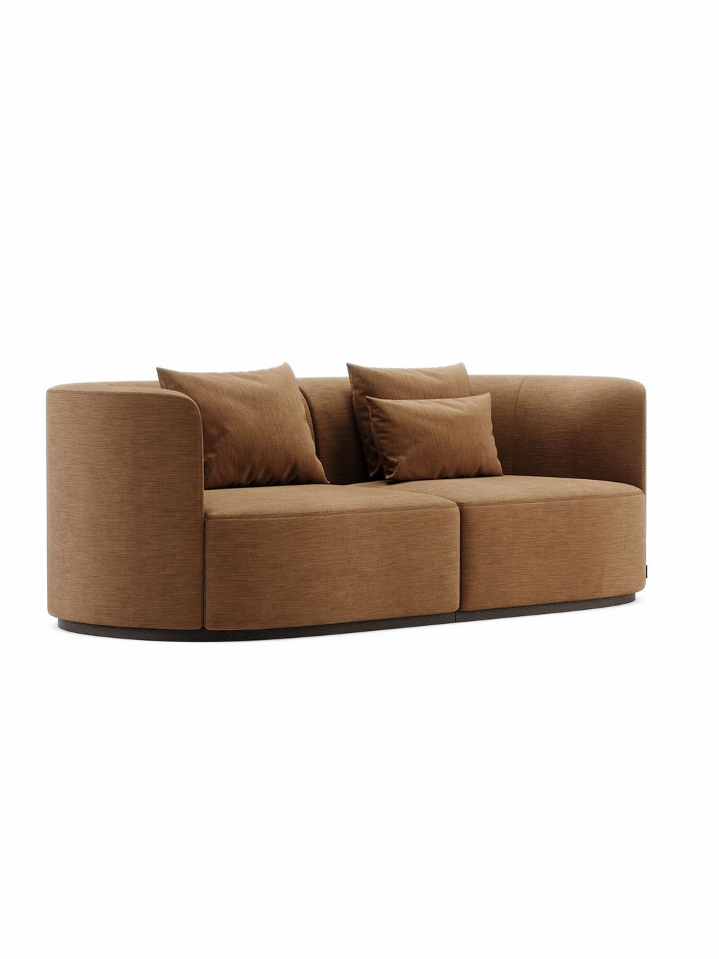 Domkapa Chloe 2-Seater Sofa, a contemporary organic modern sofa upholstered in a warm brown textured fabric with distinctive rounded arms and a low-profile curved silhouette, resting on a dark wood base. This compact 2-seater sofa includes two matching throw pillows, perfect for modern minimalist living rooms and stylish apartments.