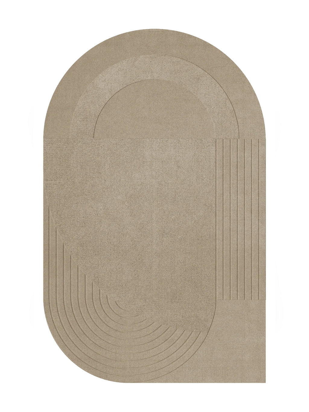 Layered Circular Wool Rug, a modern beige arch-shaped area rug crafted from soft wool with embossed geometric patterns including concentric circles and vertical lines. Perfect for adding contempora...