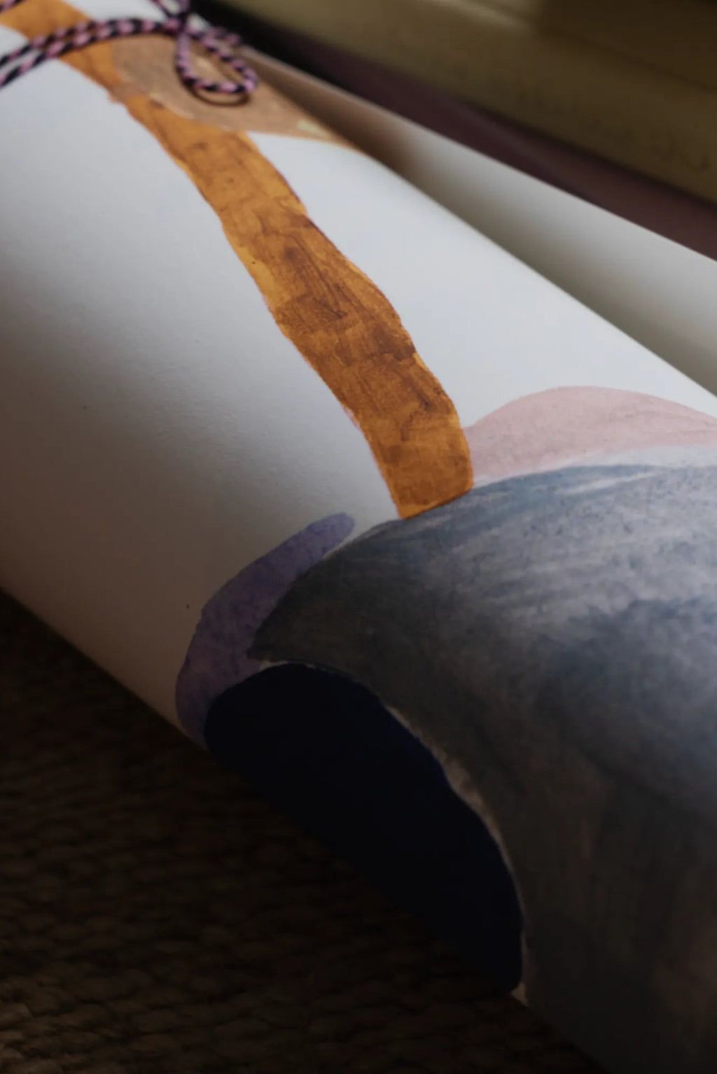 The Poster Club Guardian Dog, a modern abstract art print showcasing organic, painterly shapes in rich brown, soft pink, muted grey-blue, and subtle purple hues against a crisp white background.