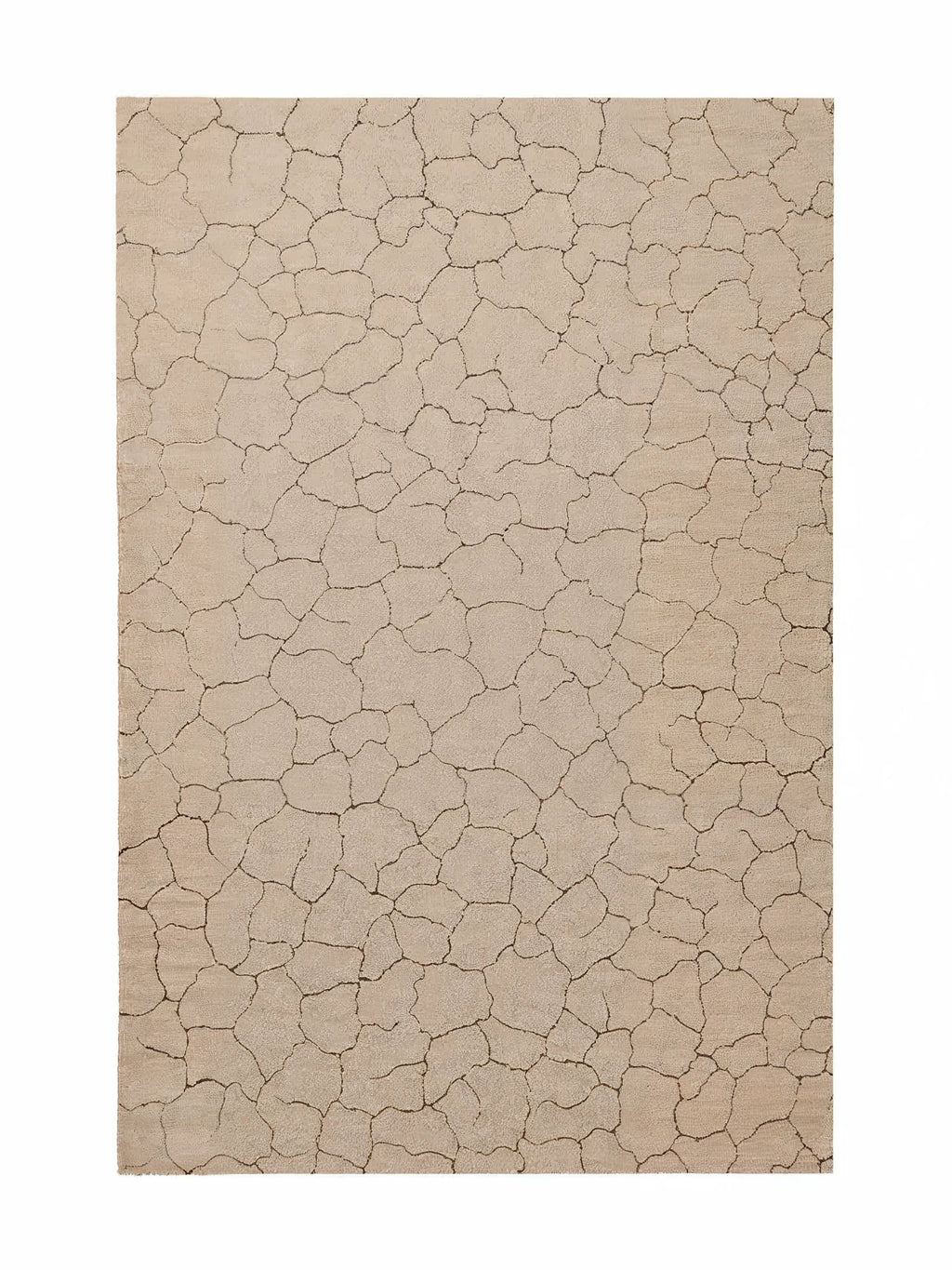 alp_ Clay Rug, a beige hand-tufted wool area rug featuring an organic cracked earth pattern in darker brown tones. Its natural, textured pile creates a wabi-sabi aesthetic, evoking desert landscapes and raw organic forms. Perfect for adding an earthy, rustic modern touch to living rooms, bedrooms, or natural minimalist interiors.