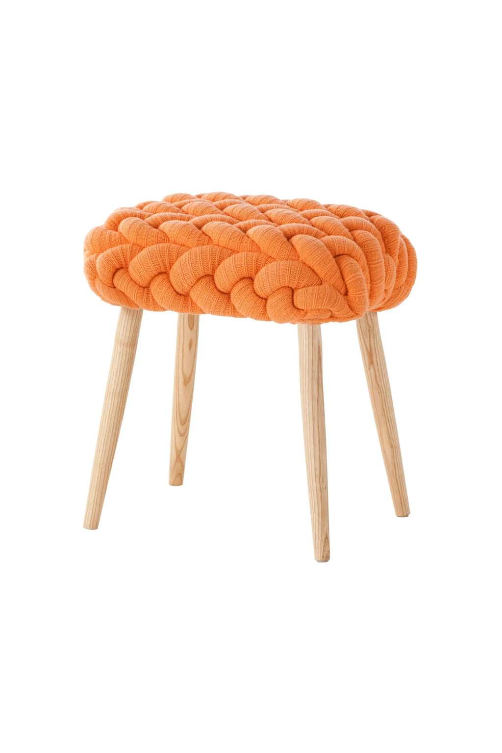 GAN Rugs Knitted Stool, a vibrant orange chunky knit stool featuring a textural braided design on its round top and four tapered natural light wood legs. This modern knitted ottoman or accent stool provides a playful pop of color and cozy texture, perfect for a contemporary living room, Scandinavian bedroom, or creative kids' space.