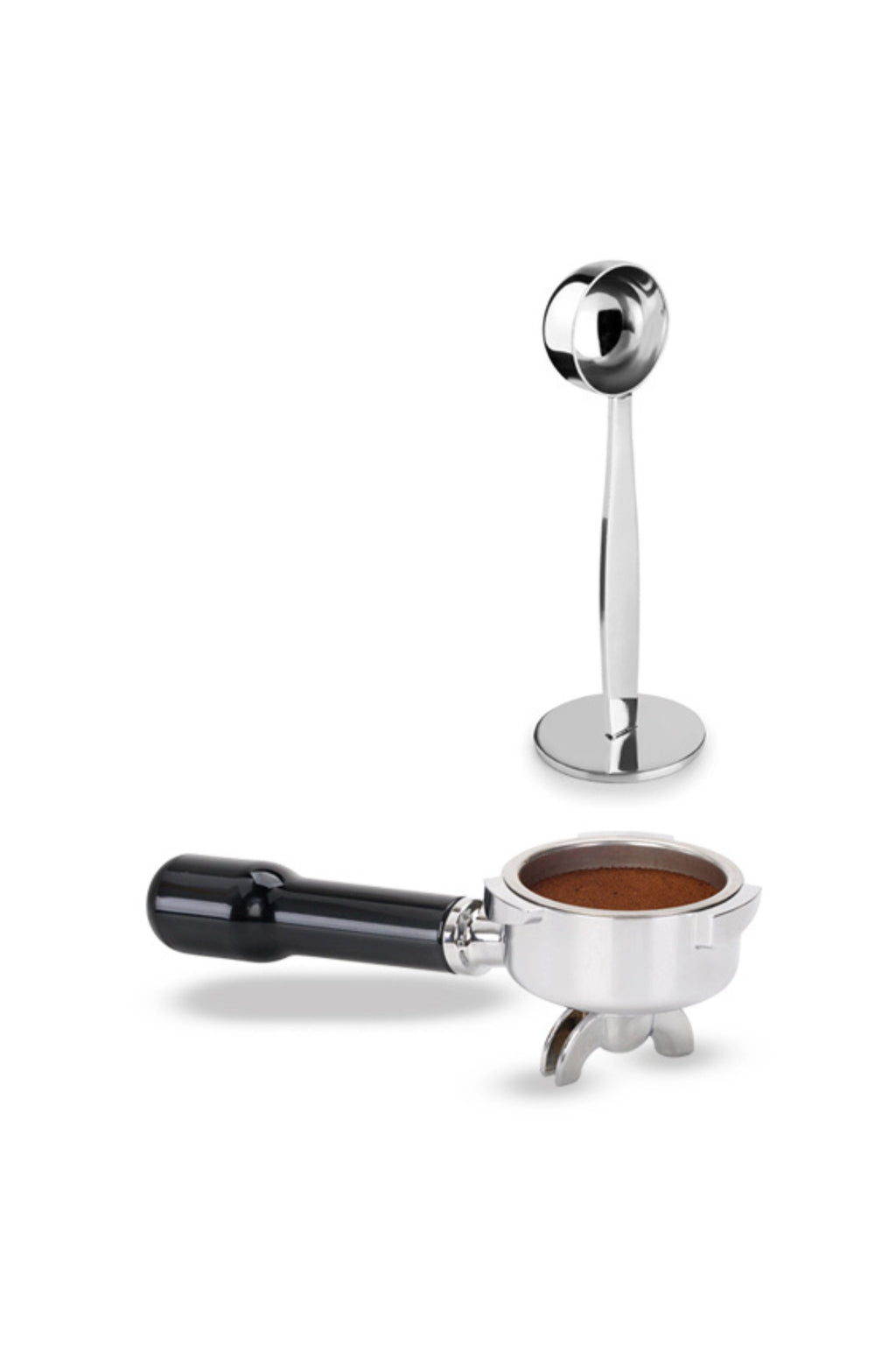 Ibili Coffee Measurer / Press, a modern minimalist coffee accessory set featuring a polished stainless steel coffee scoop with a stable, upright standing base and a durable stainless steel espresso portafilter with a comfortable black.