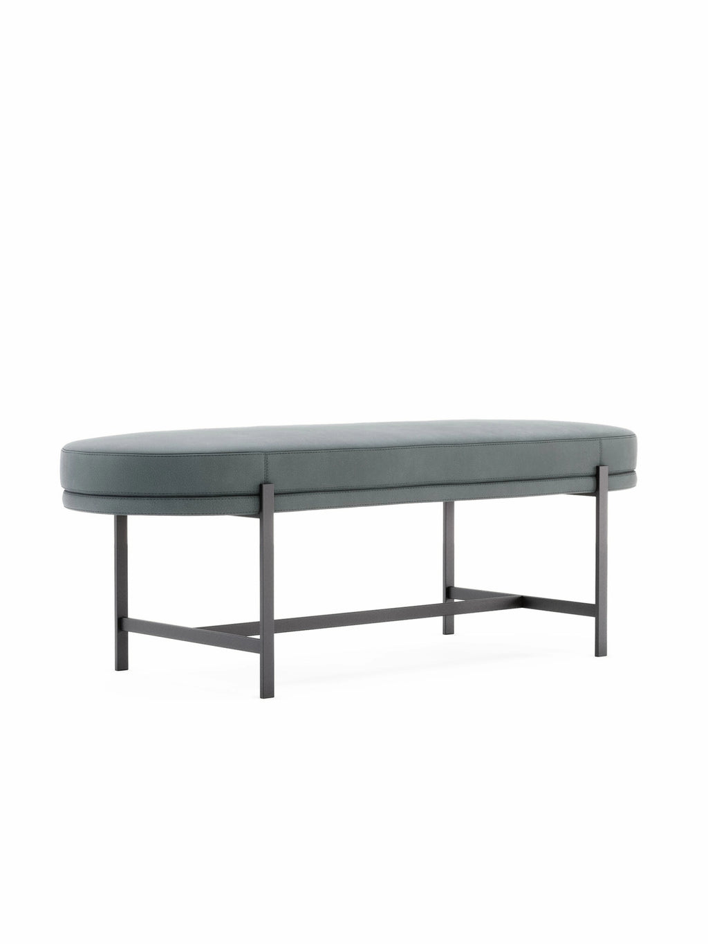 Domkapa Colbert Bench, a modern oval upholstered bench featuring a smooth, padded deep teal faux leather top with precise perimeter stitching.