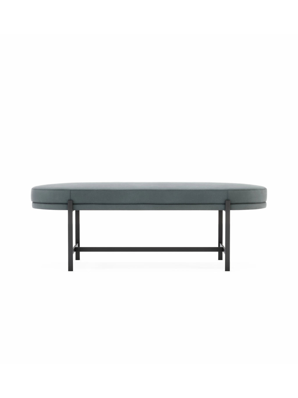 Domkapa Colbert Bench, a sleek modern minimalist bench featuring an oval upholstered top in a deep blue-green fabric with refined stitching, set upon a sturdy matte black metal frame. Ideal as a contemporary entryway bench, stylish end-of-bed seating for bedrooms, or an accent piece in a modern living room.