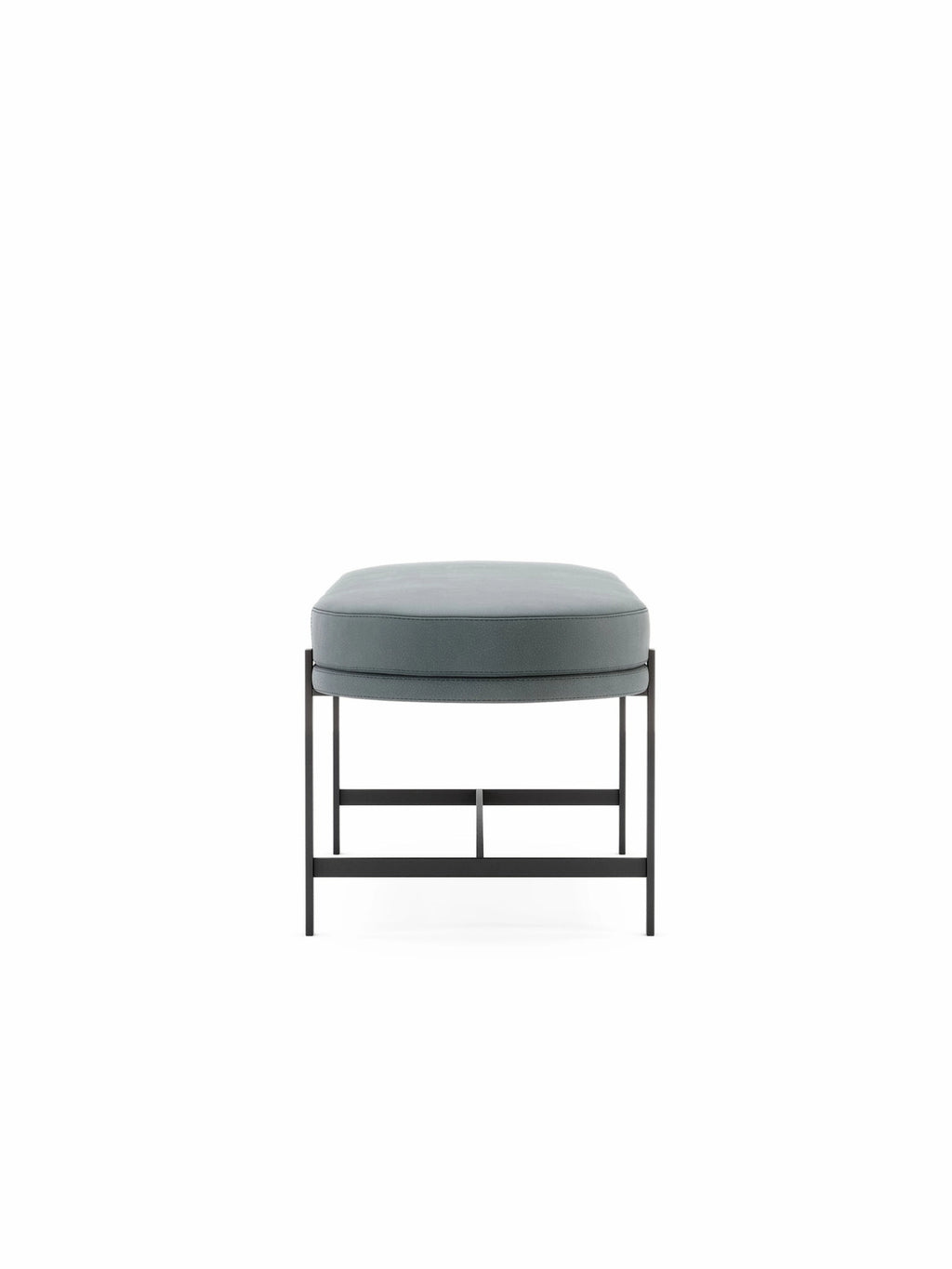 Domkapa Colbert Bench, a modern minimalist bench featuring a plush rectangular cushion upholstered in smooth slate green leather, set atop a sleek matte black metal frame. This contemporary design makes it ideal as an entryway bench, bedroom seating, or a versatile living room ottoman.