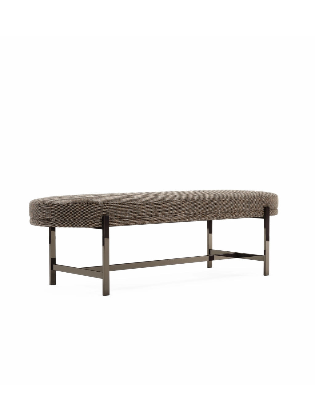 Domkapa Colbert Bench, a sleek oval upholstered bench featuring a speckled brown and grey textured fabric top and a dark gunmetal-finished metal base with contemporary H-shaped legs. This modern minimalist bench is perfect for an elegant entryway, bedroom accent, or living room seating.