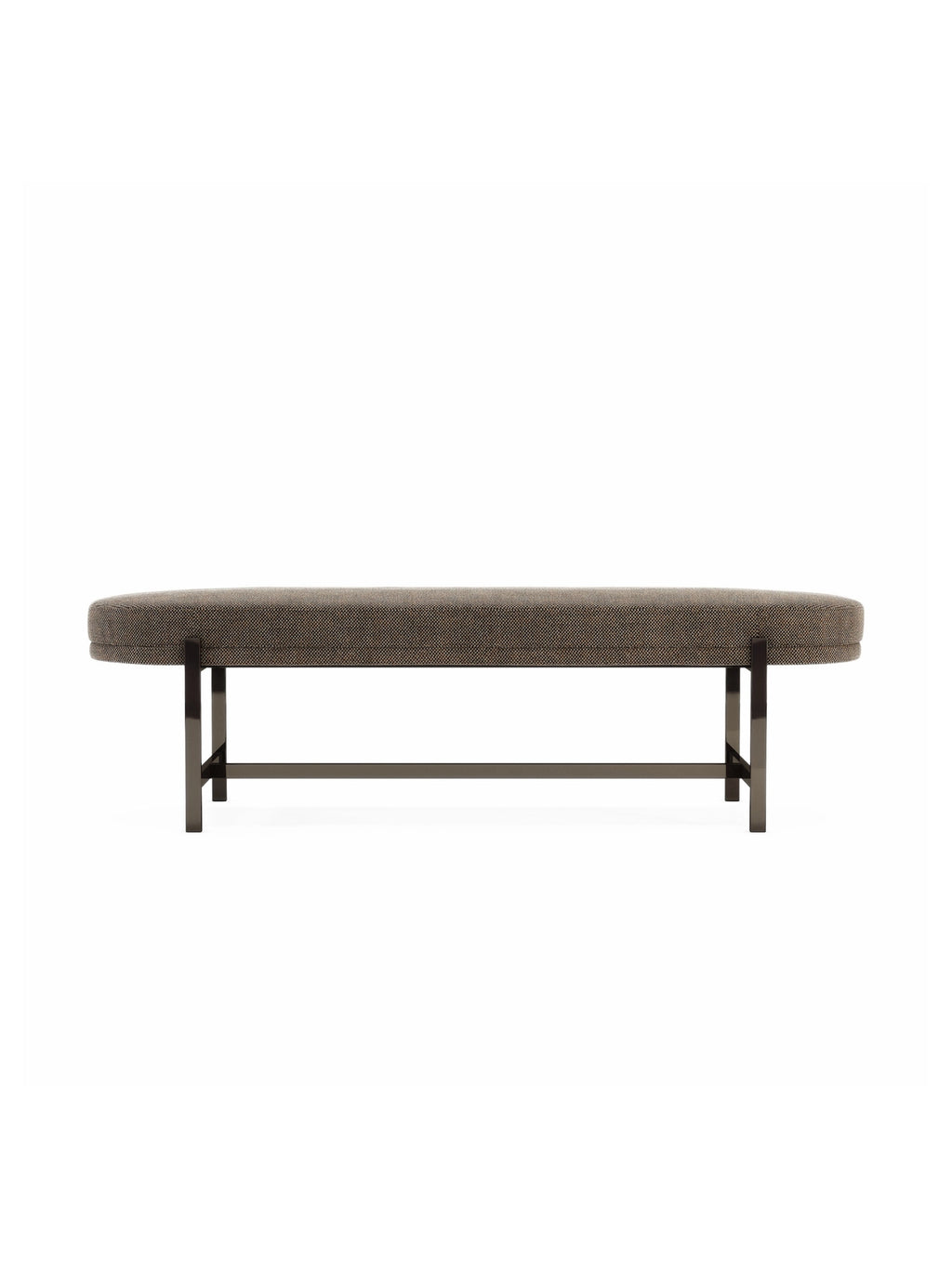 Domkapa Colbert Bench, a contemporary upholstered bench featuring an elongated rounded rectangular top covered in a textured, speckled brown and taupe fabric, set upon a sleek dark gunmetal-finished metal base with clean.