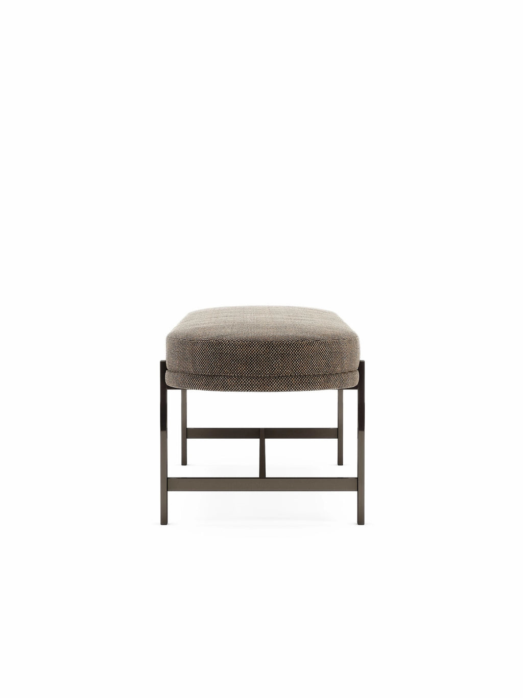 Domkapa Colbert Bench, a modern minimalist upholstered bench featuring a plush, rectangular cushion with subtly rounded edges, finished in a textured brown and grey woven fabric. This contemporary design is supported by a sleek, dark grey metal frame with clean, geometric lines, offering both durability and sophisticated style. Ideal as an entryway bench, living room ottoman, or bedroom accent for modern and industrial chic interiors.